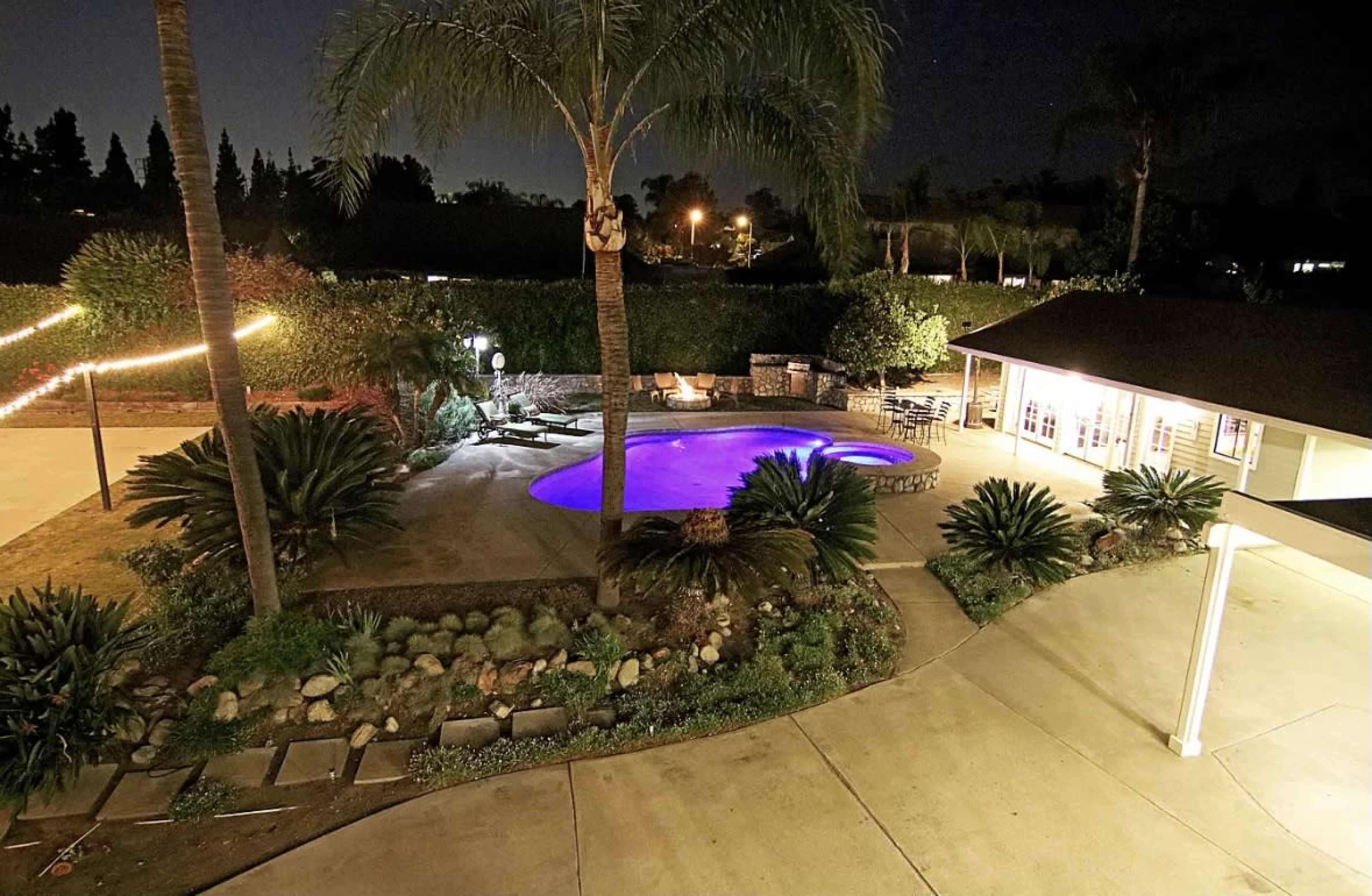 The scene shows a backyard at night with a swimming pool illuminated in purple and surrounded by palm trees and landscaped areas.