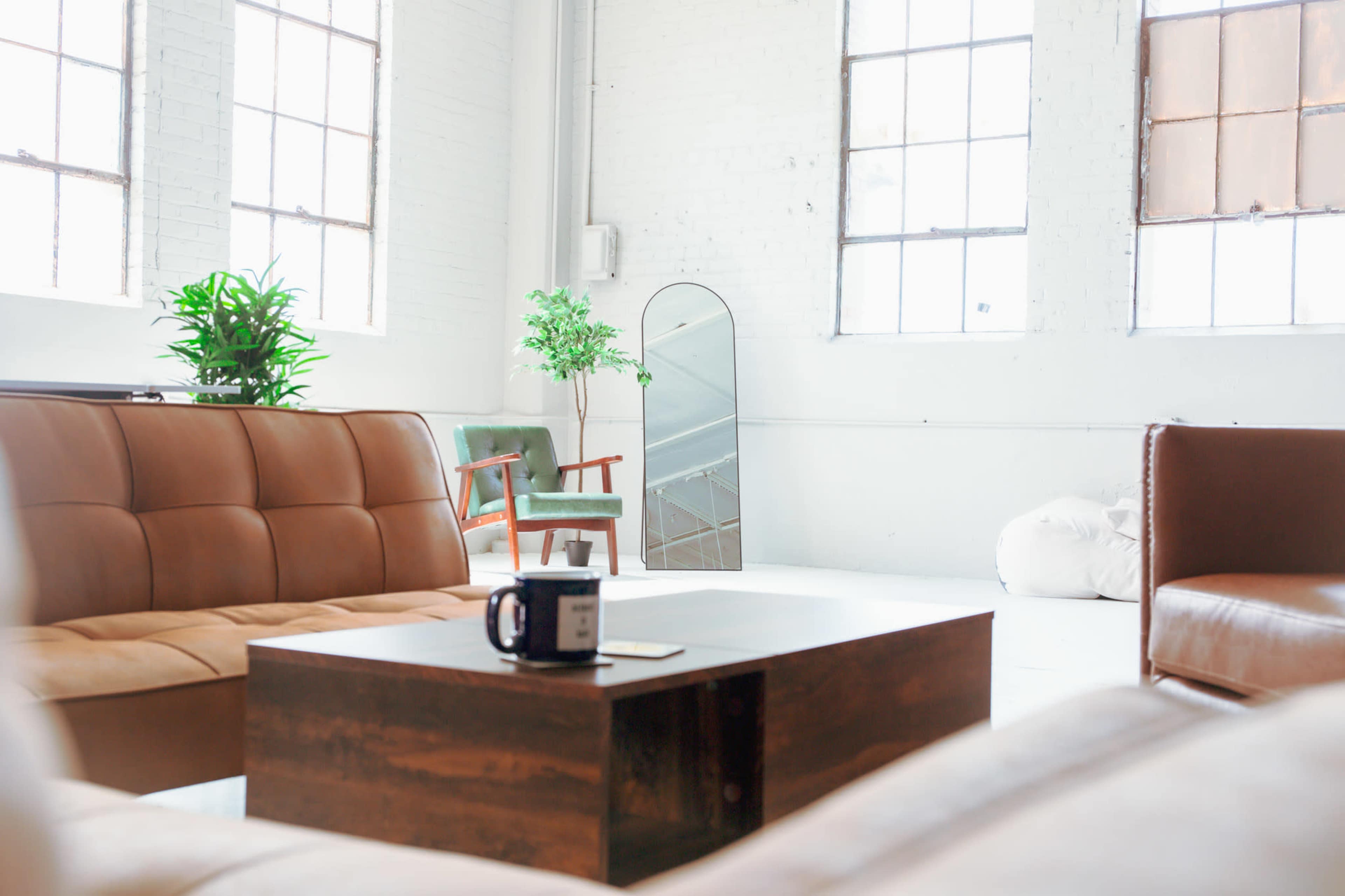 A spacious, well-lit living area features brown leather sofas, a wooden coffee table with a mug, and large windows alongside a green plant and an ornate mirror.