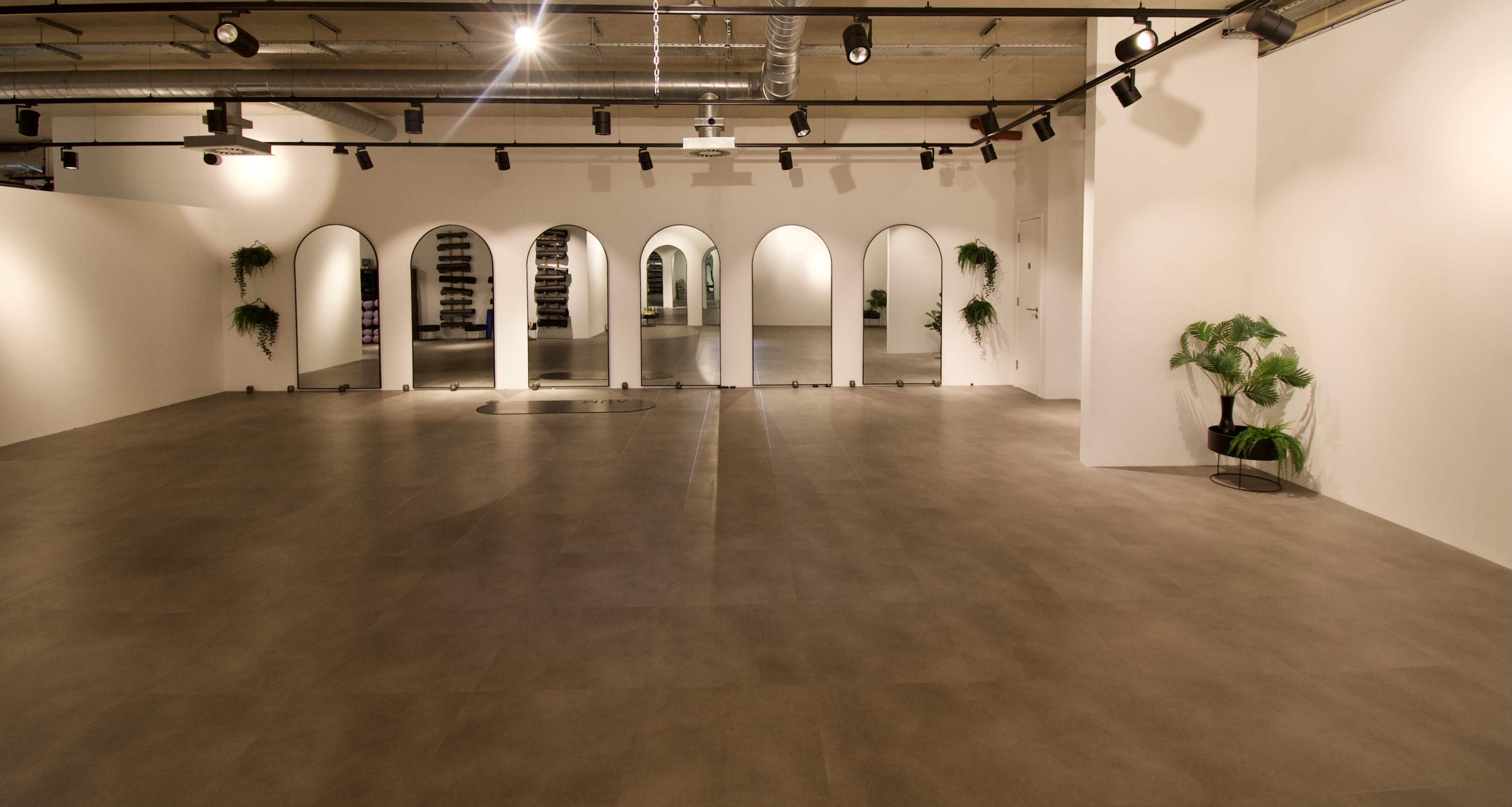 The image shows a spacious, well-lit room featuring arch-shaped mirrors along one wall and potted plants in the corners.