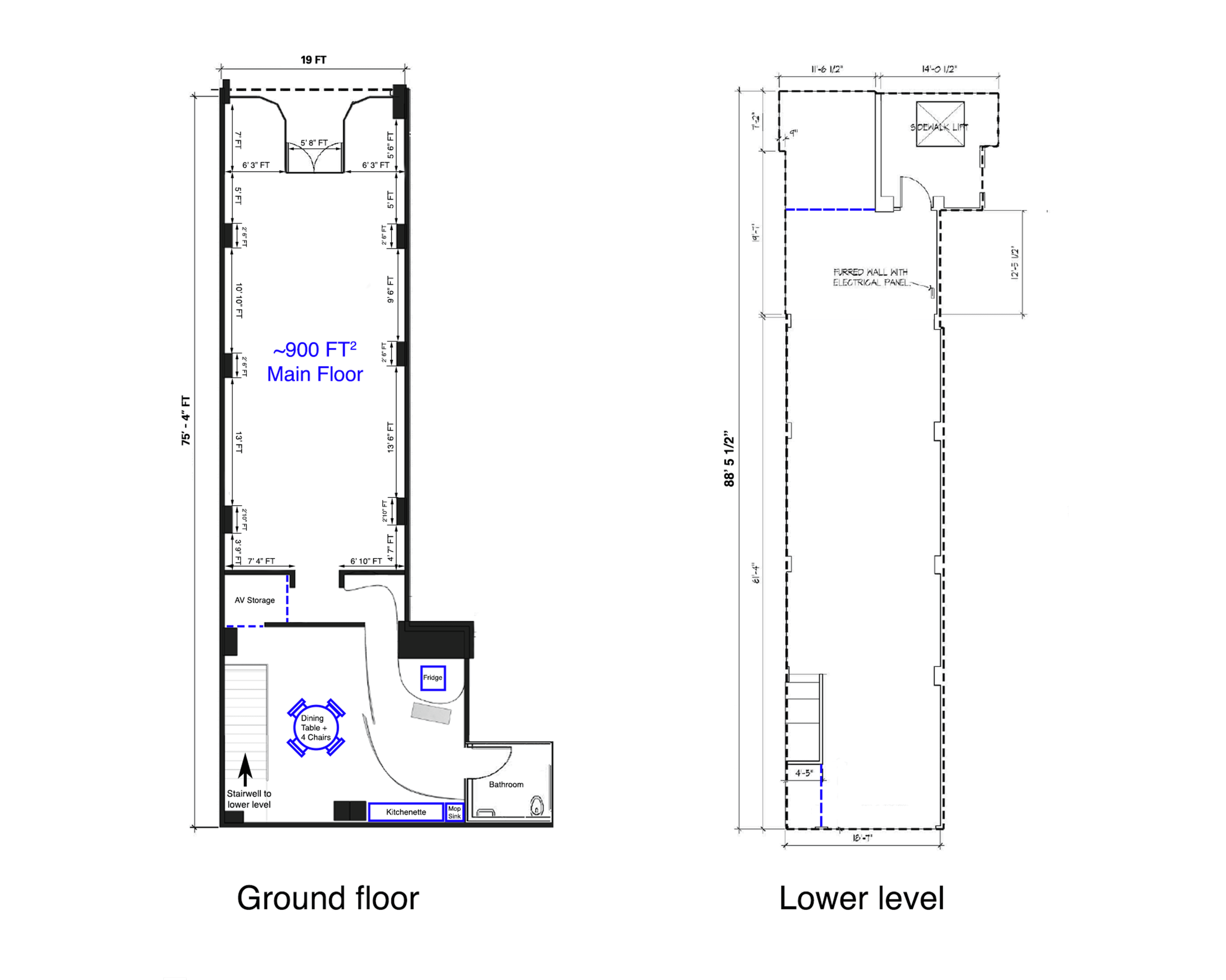 The image displays a floor plan with two sections: the ground floor and a lower level, each detailing room layouts and dimensions.