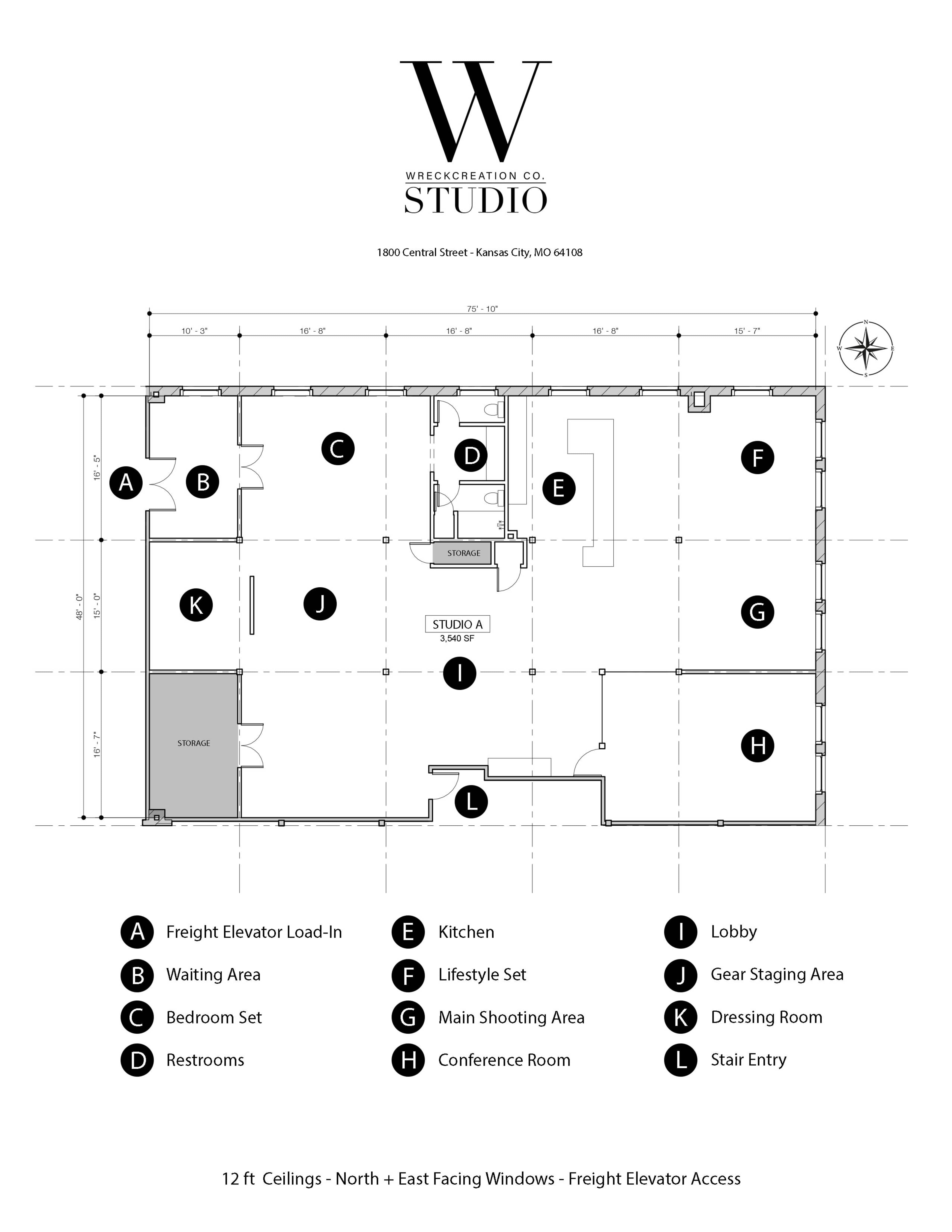 The image is a floor plan of a studio layout that includes various designated areas such as a kitchen, waiting area, restrooms, and conference room.