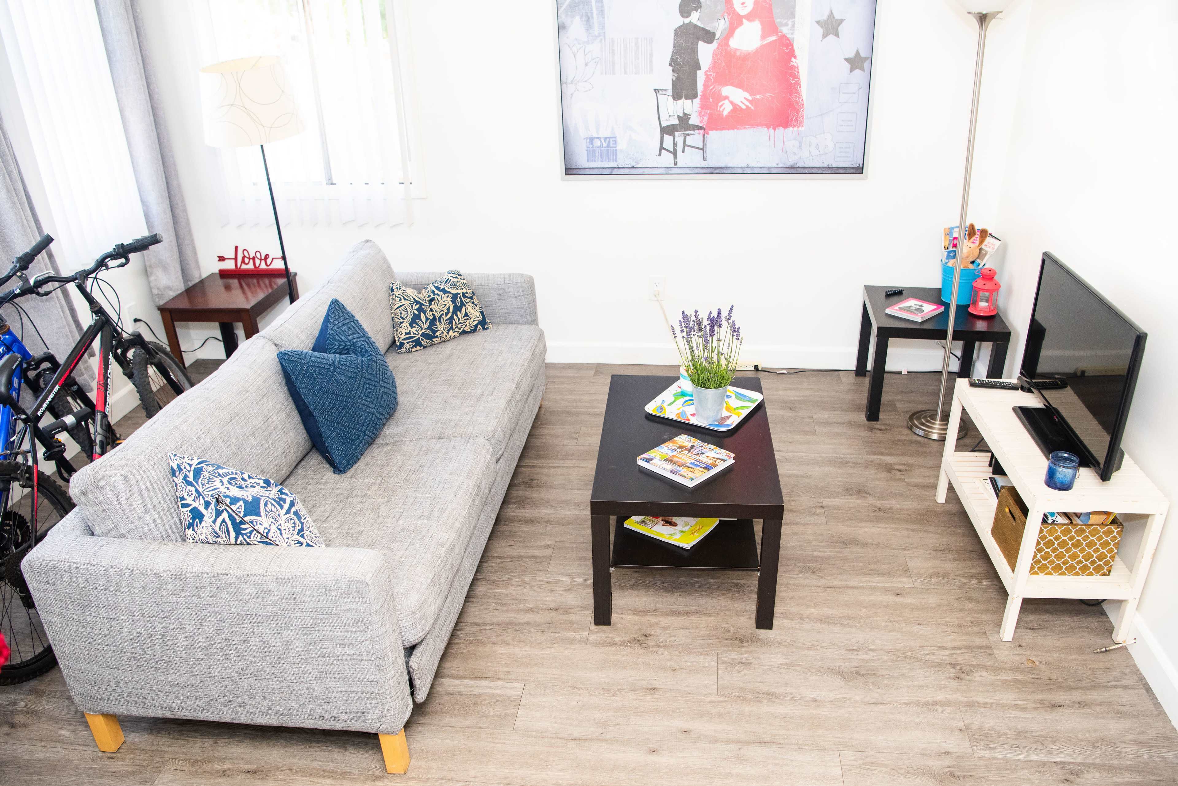 A living room features a gray sofa with blue pillows, a black coffee table, a television on a white stand, a lamp, and two bicycles parked beside the wall.