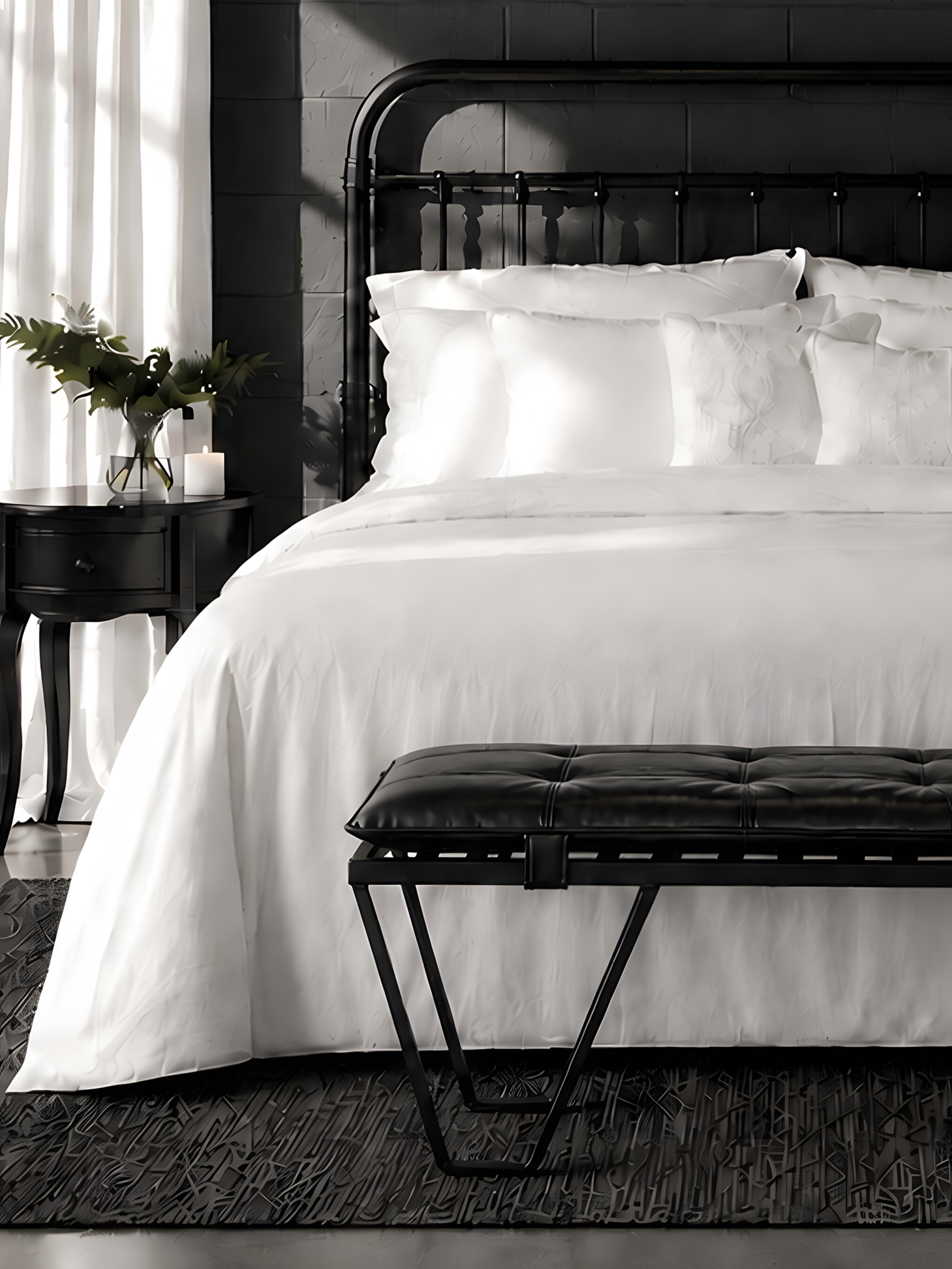 The image features a neatly made bed with white bedding and multiple pillows, accompanied by a black bench at the foot and a nightstand with a candle beside it.