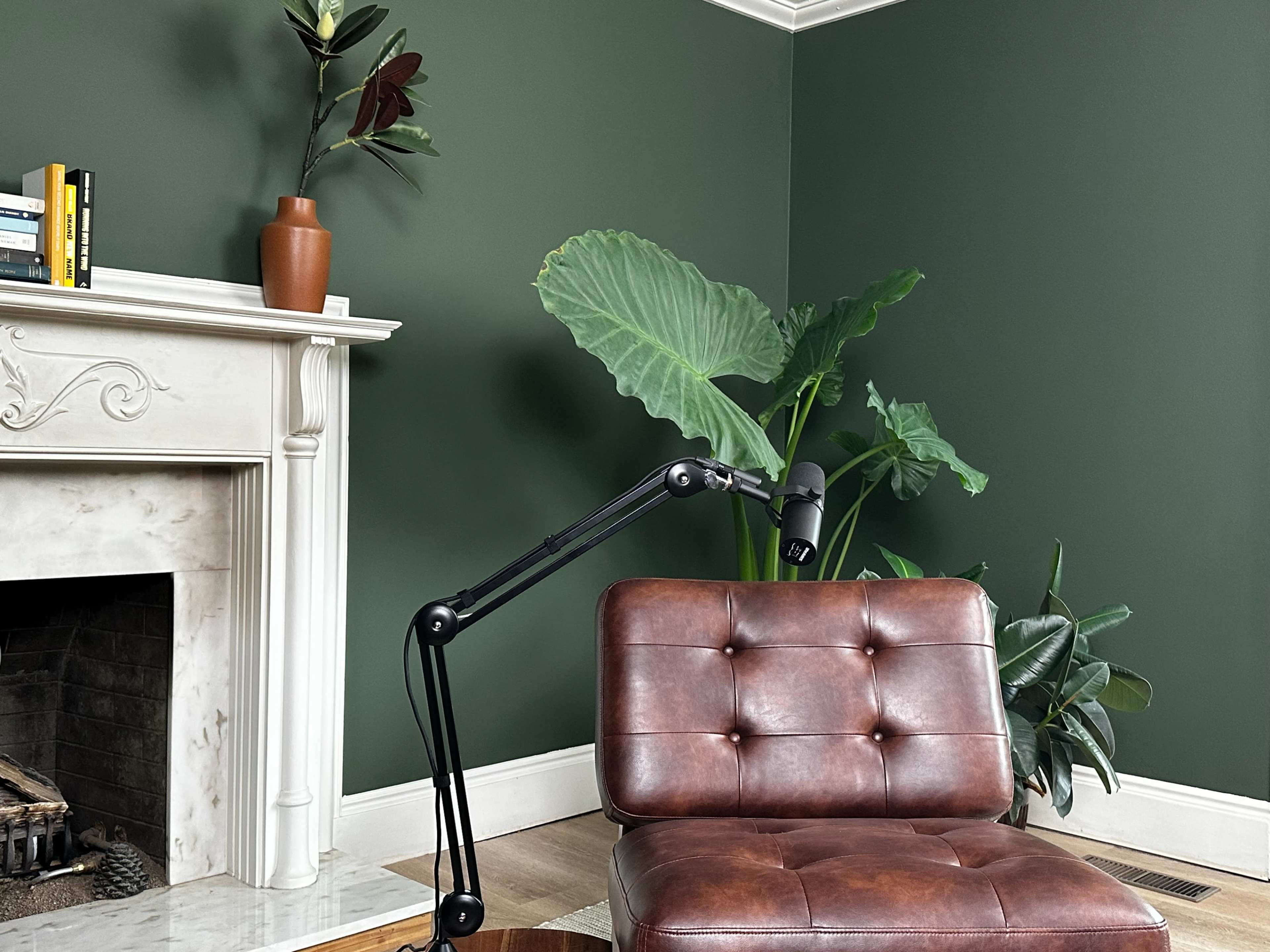 The image features a brown leather chair beside a marble fireplace in a room with dark green walls and large indoor plants.