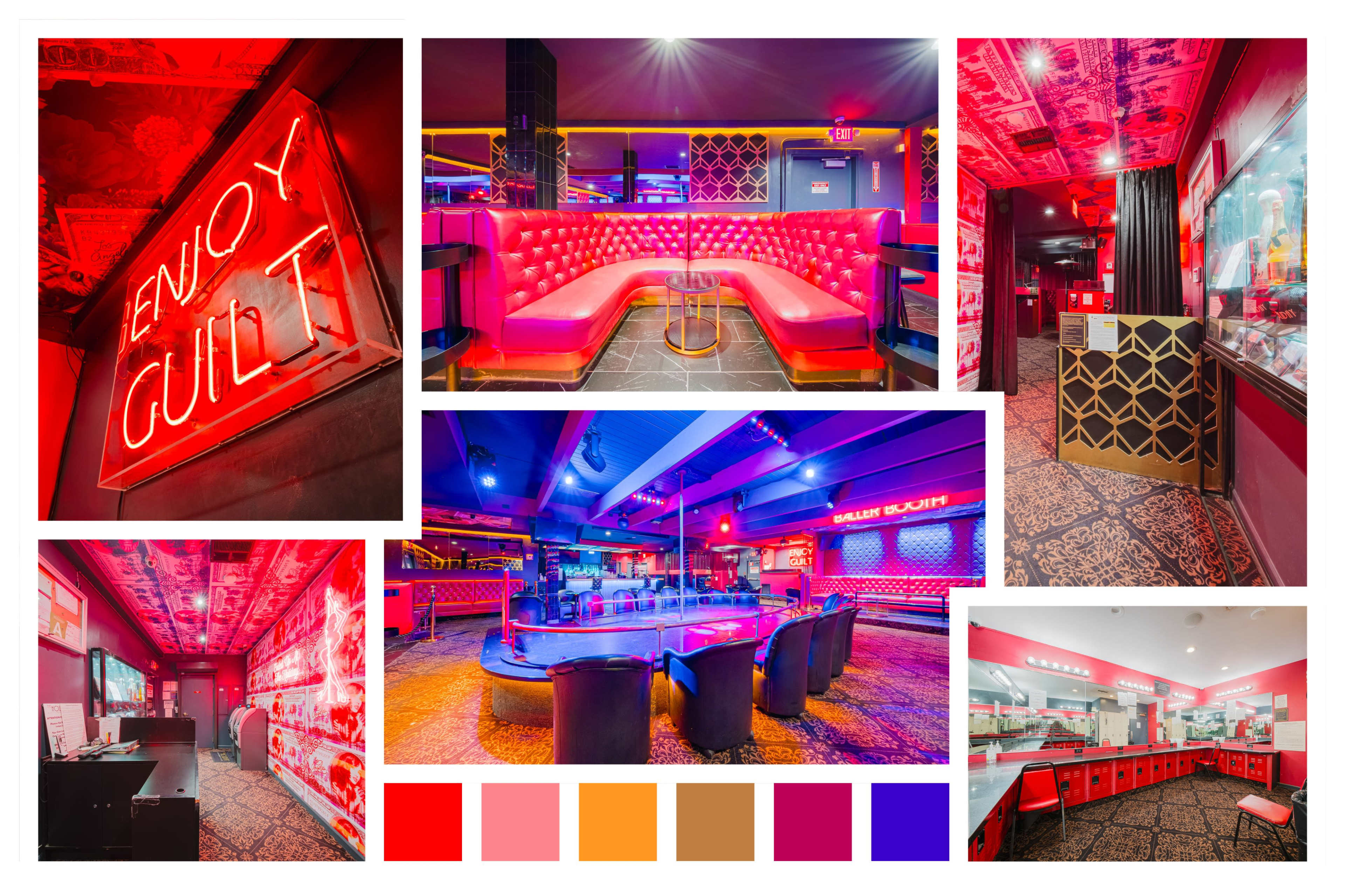 The image showcases a vibrant nightclub interior with red lighting, plush seating, and a bar area decorated in a modern style.