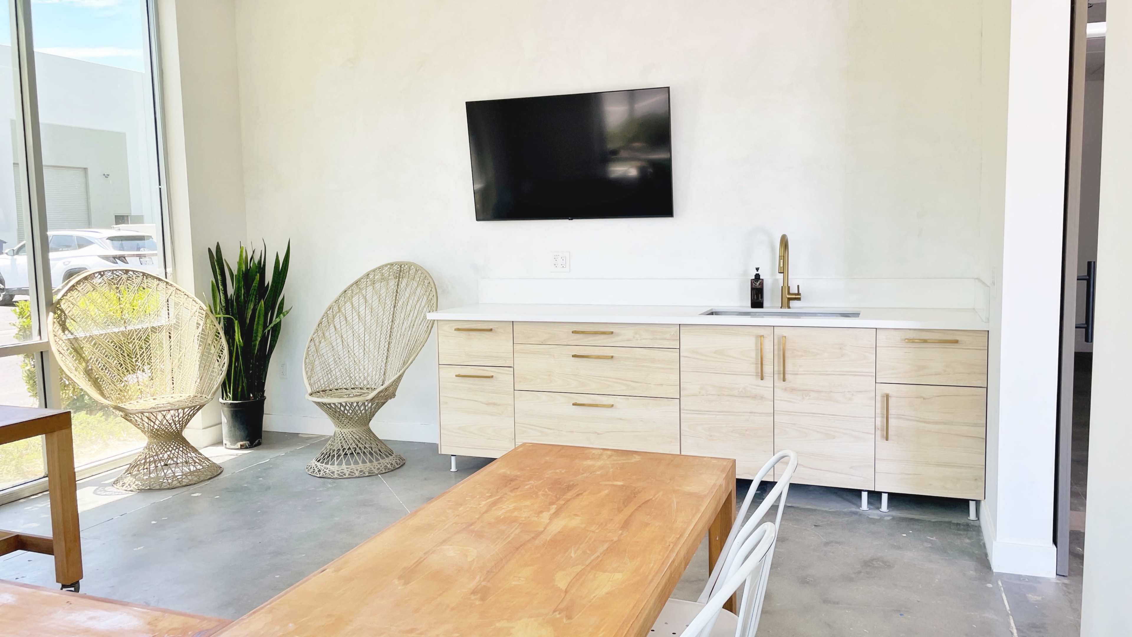 A modern room features a wooden dining table, woven chairs, a minimalist cabinet, a wall-mounted TV, and a large plant near a window.