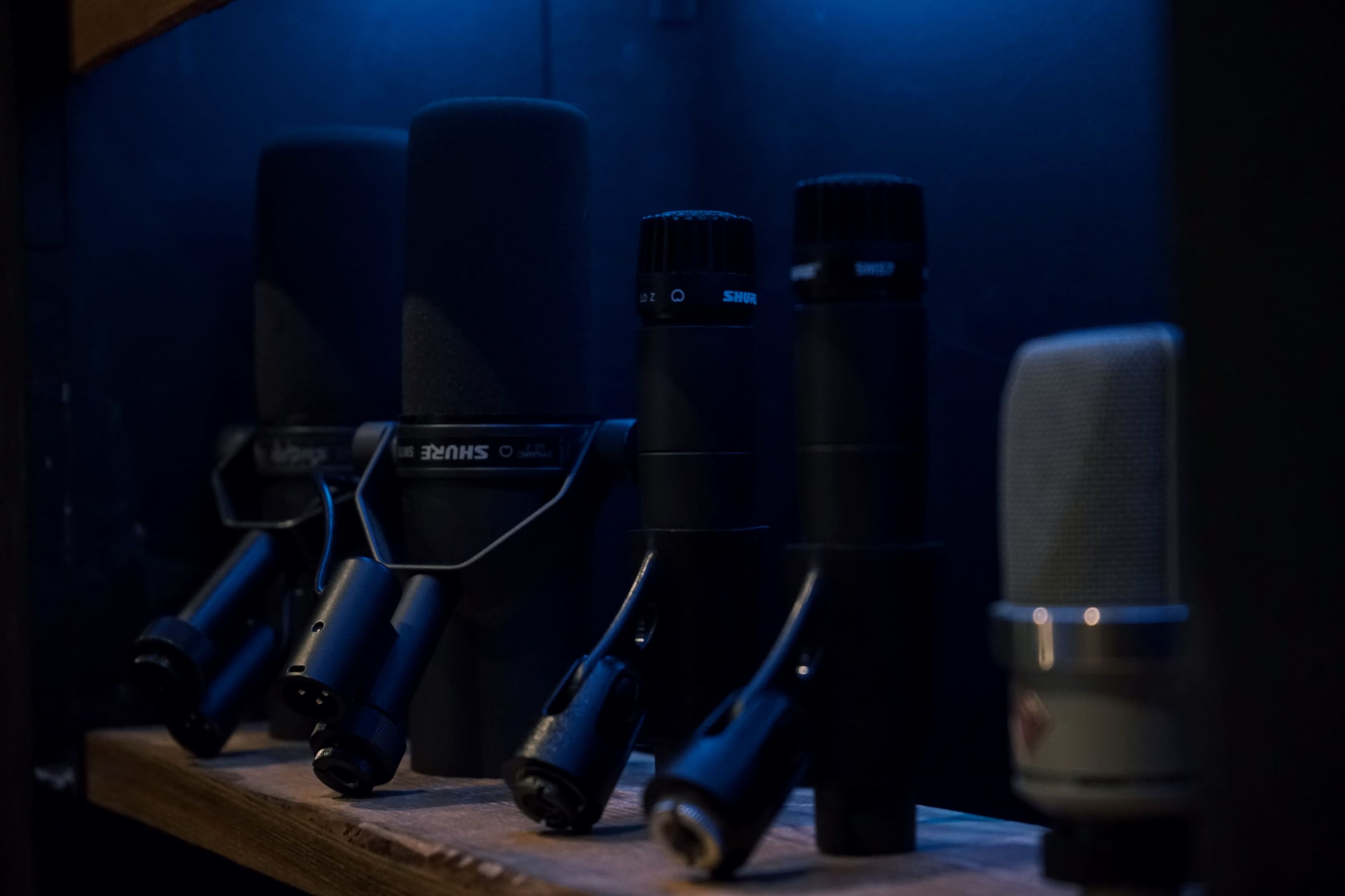 A row of various microphone models is displayed on a wooden shelf against a dimly lit background.