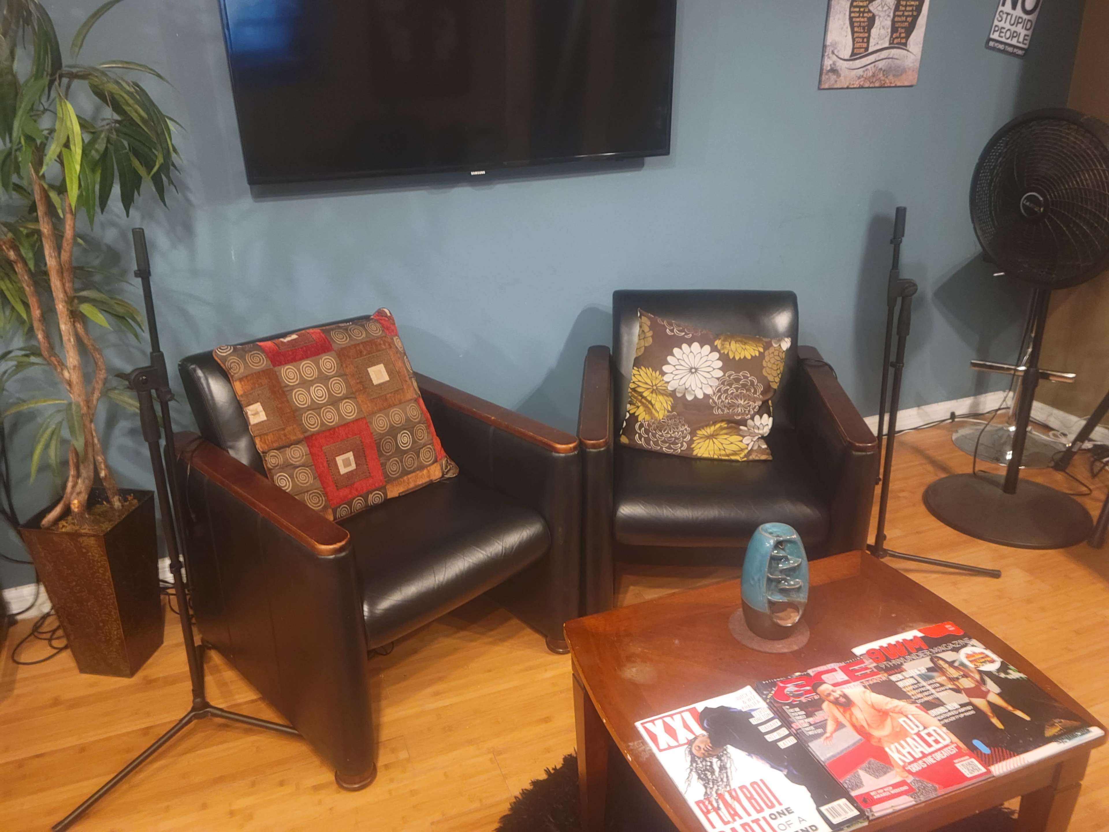 Two black armchairs with decorative pillows facing a wooden coffee table that holds several magazines, set in a room featuring a plant and a wall-mounted television.