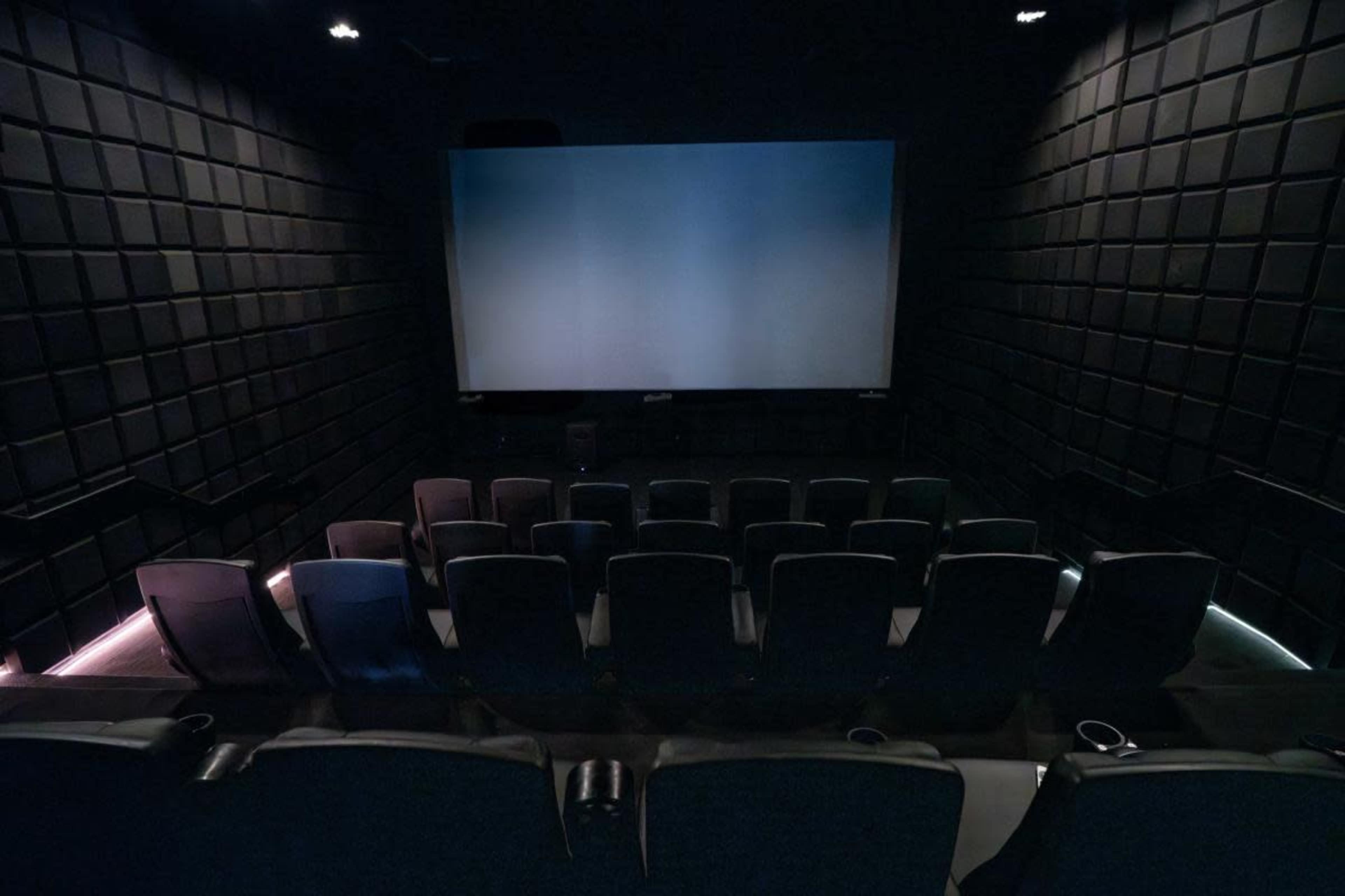 The image shows a dimly lit movie theater with rows of empty seats facing a large, blank screen.