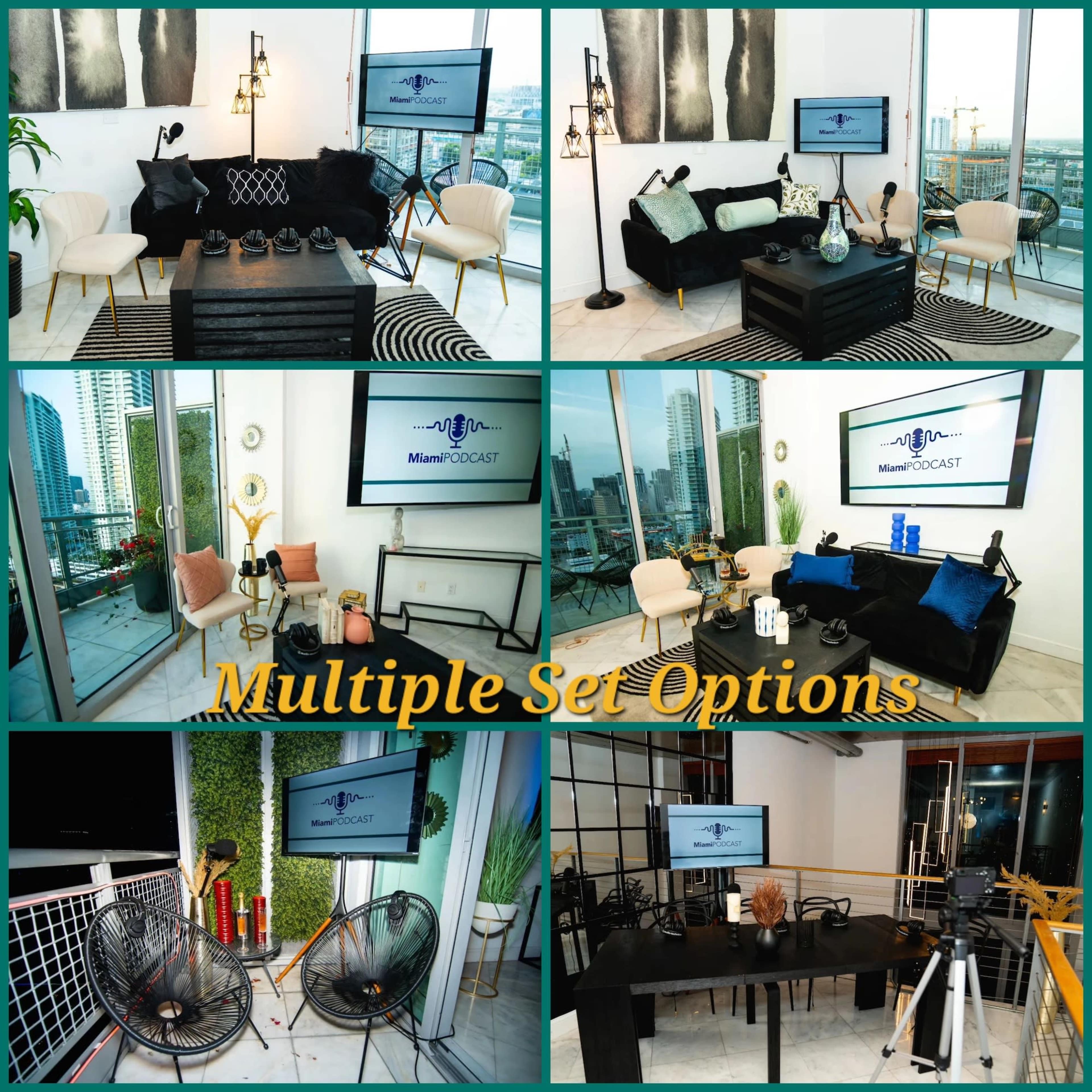 All visual and sound equipment provided|8 Podcast SetUp Options|Live Audience Friendly|Loft with City Skyline Backdrop & Natural Lighting Image in Downtown Miami, Miami, FL