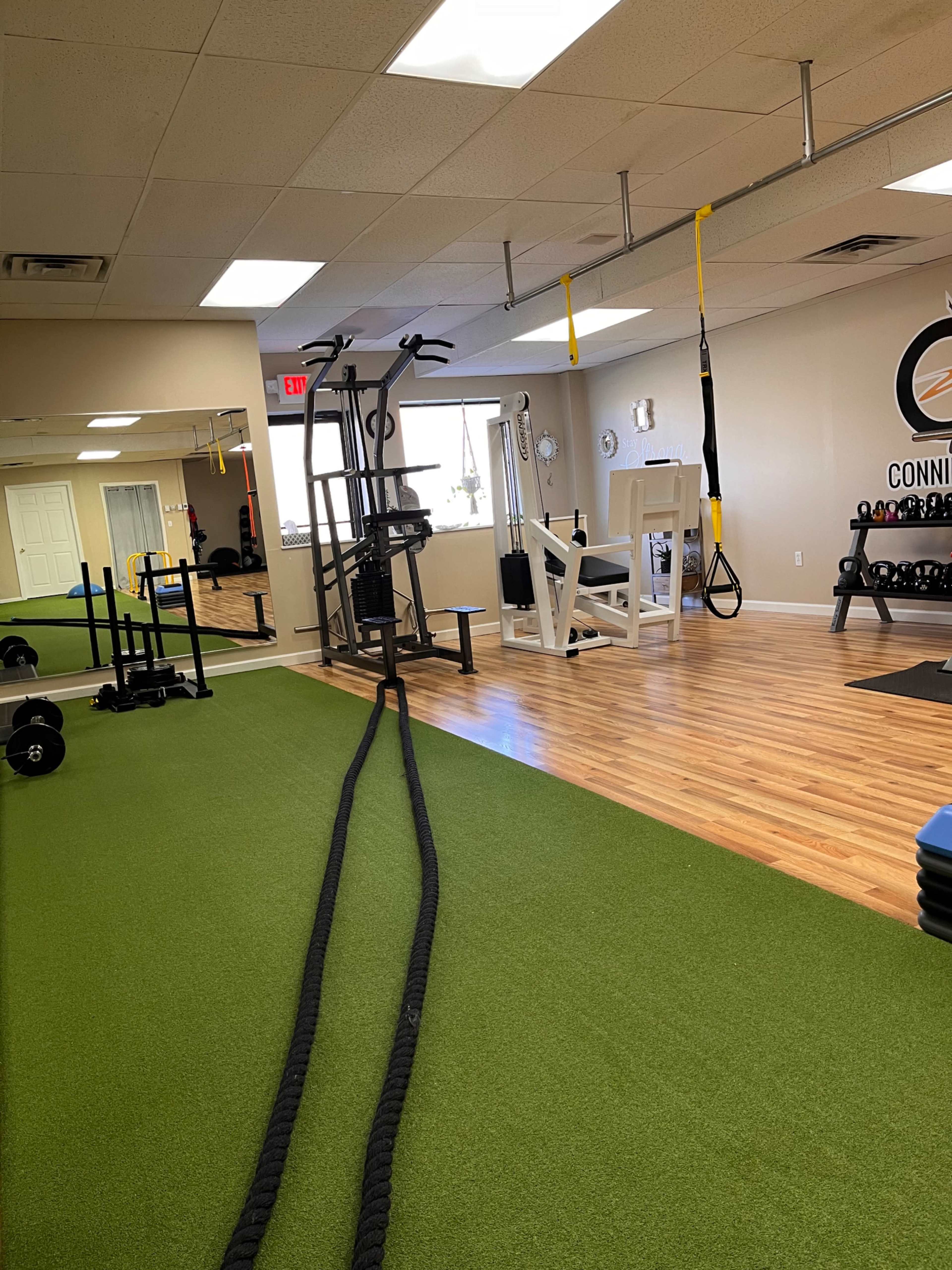A fitness gym with exercise equipment, including a cable machine, a row of weights, and battle ropes on a green mat.