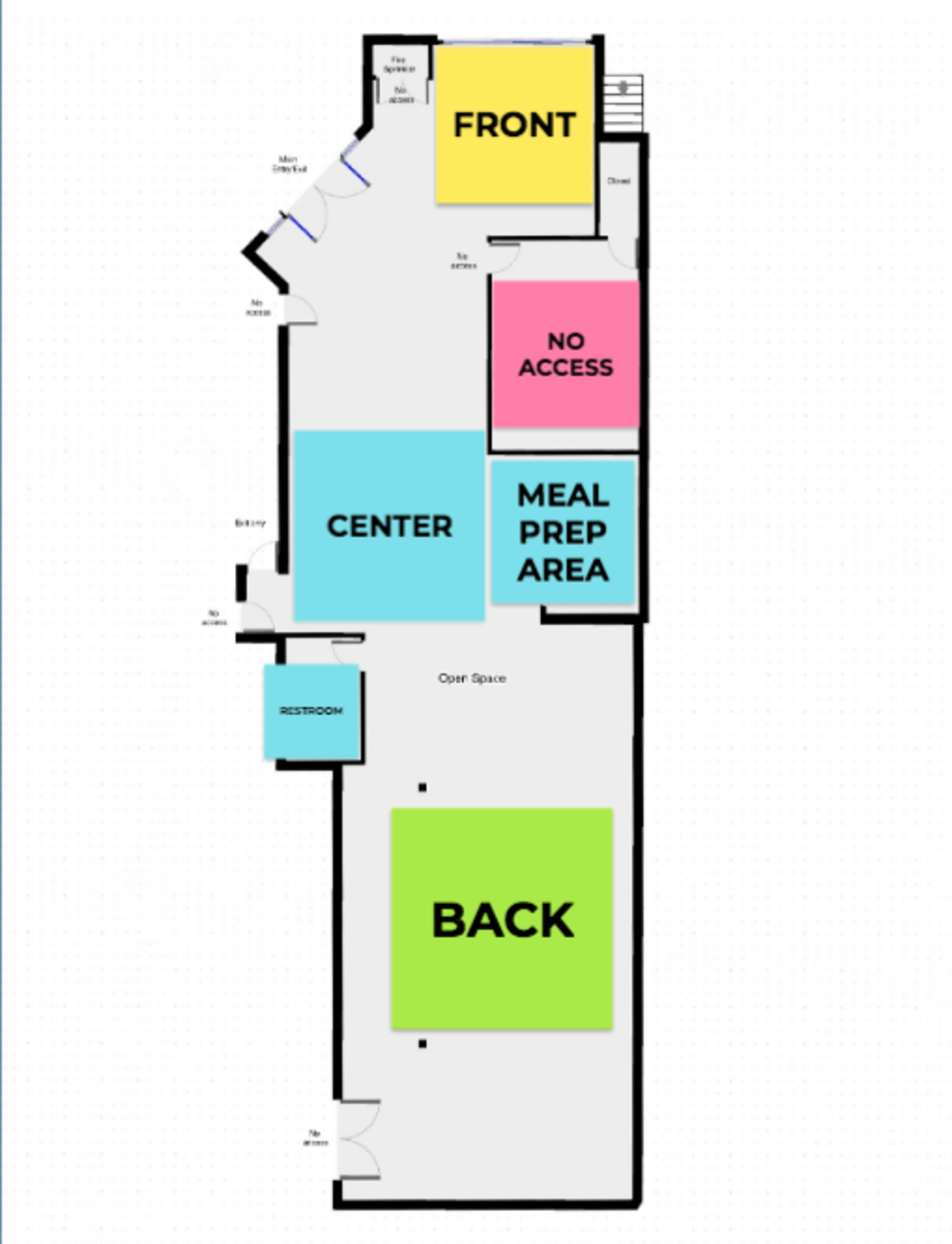 A floor plan divided into distinct areas labeled as "FRONT," "CENTER," "MEAL PREP AREA," "BACK," and "NO ACCESS," with a restroom indicated.
