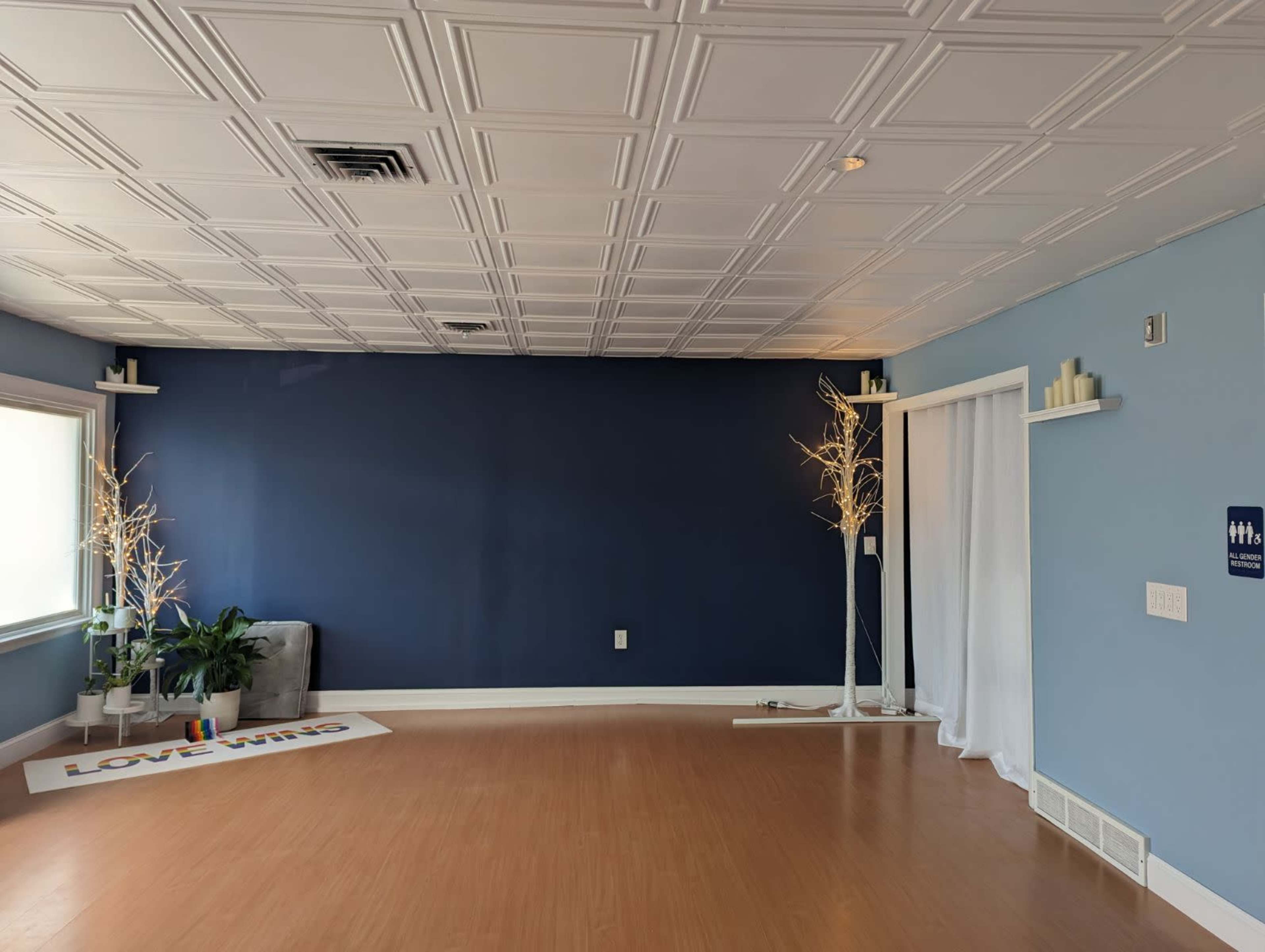 A spacious room with a blue accent wall, wooden flooring, potted plants, and decorative lighting features.