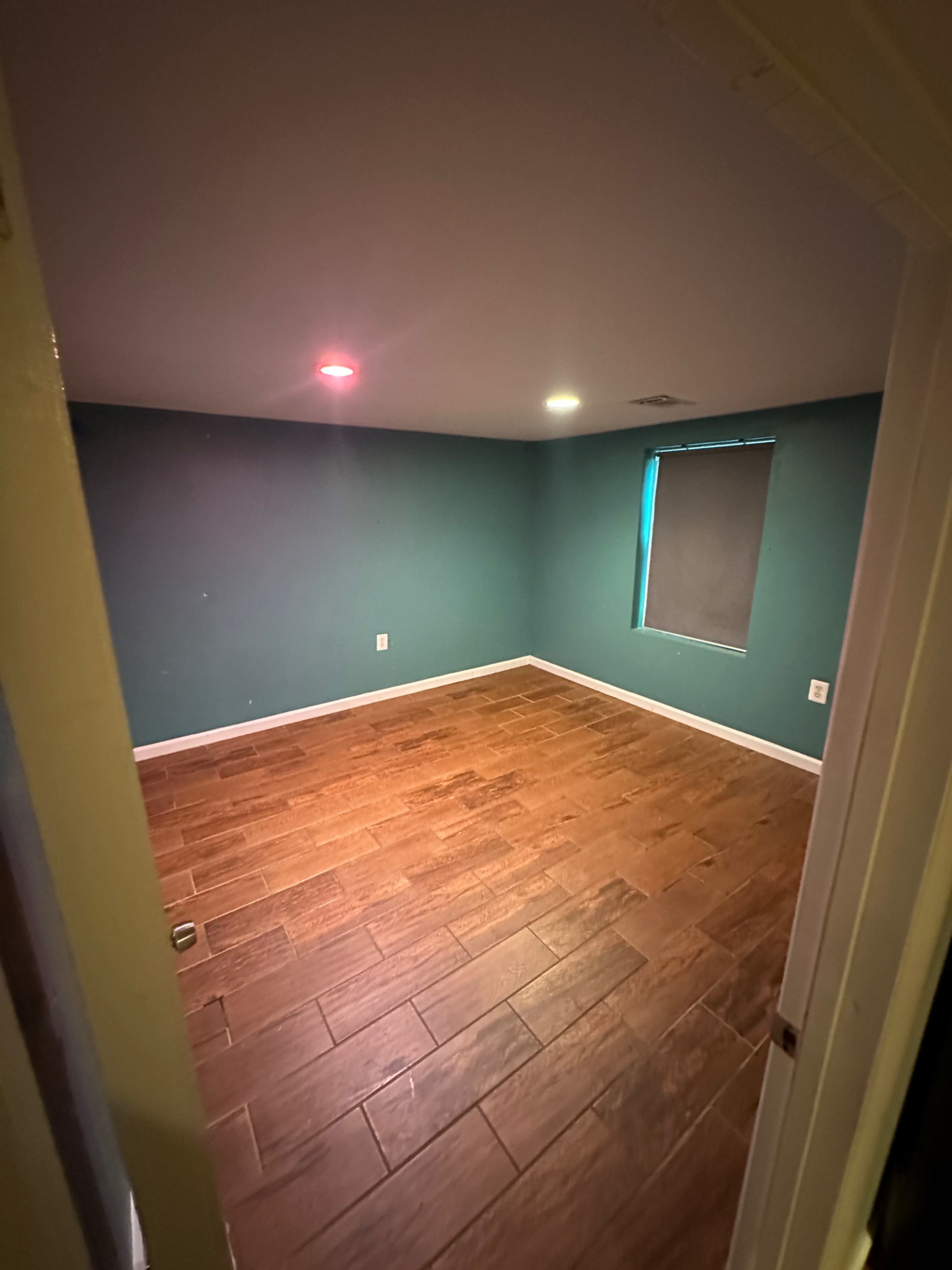 The image shows a sparsely furnished room with brown wooden flooring, teal walls, and minimal lighting.