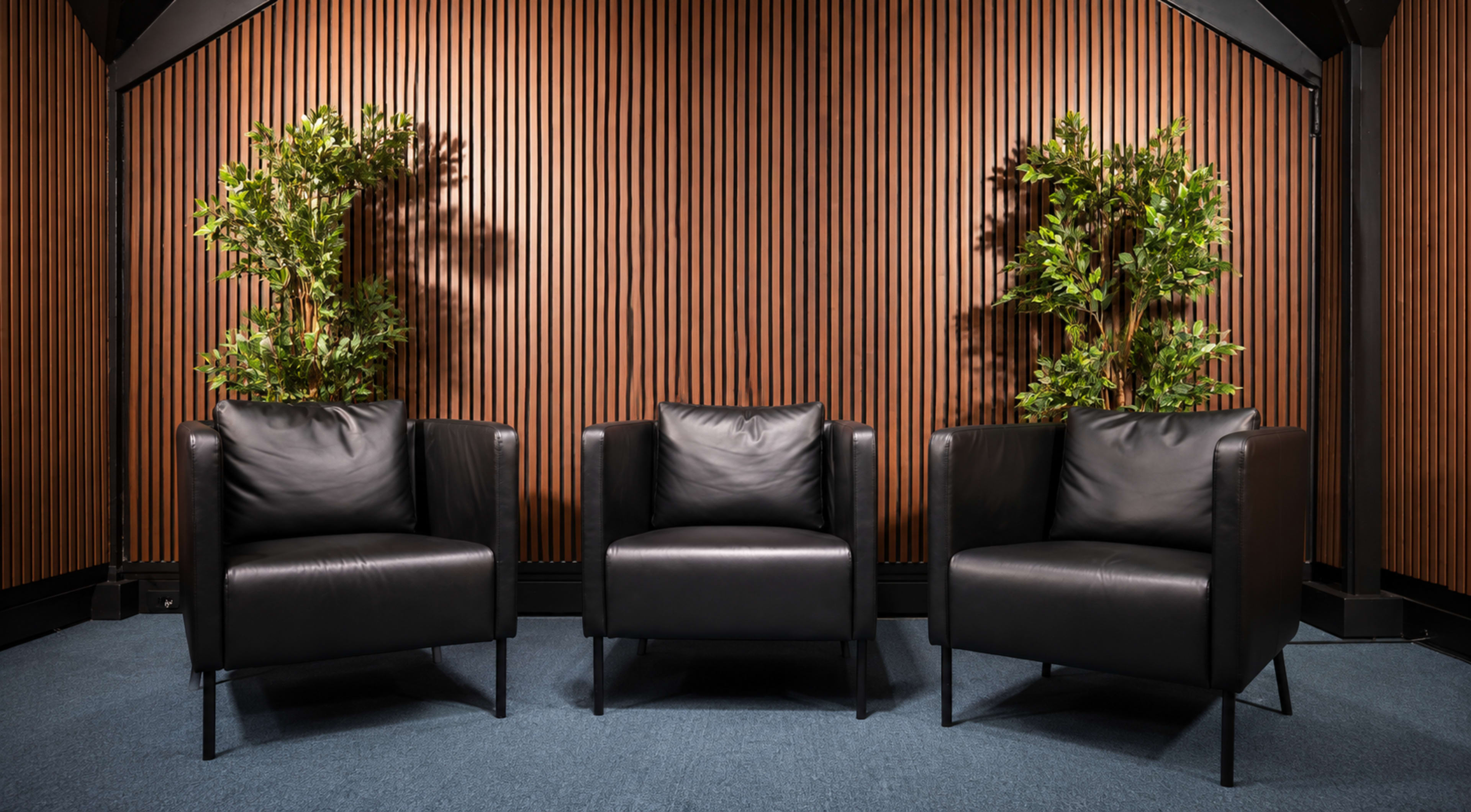The image shows a simple arrangement of three black leather chairs placed on blue carpeting against a wooden striped wall with two small green plants on either side.