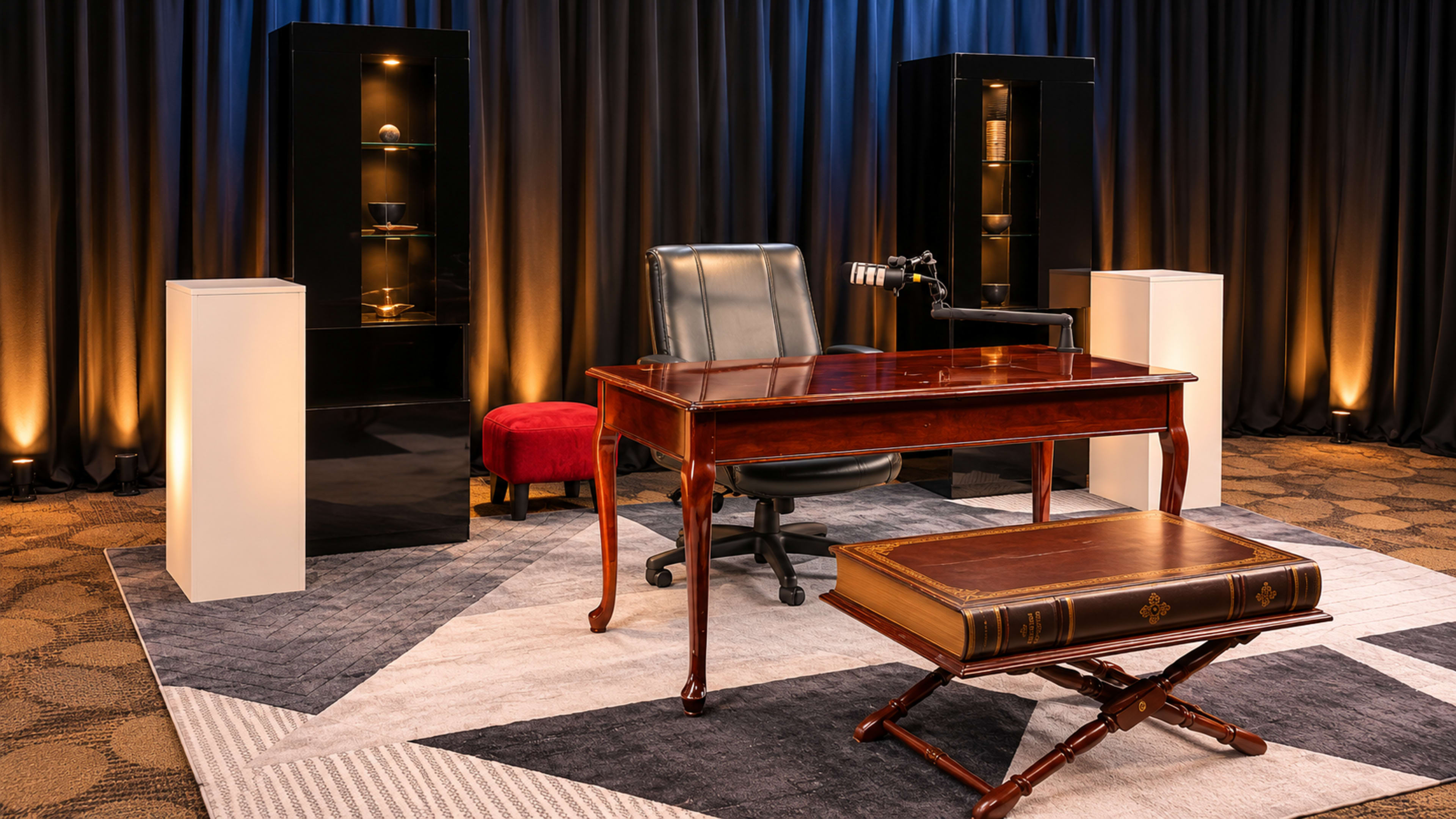 The image shows a formal office setup with a wooden desk, an office chair, and two display cabinets, set against a backdrop of dark curtains and soft lighting.