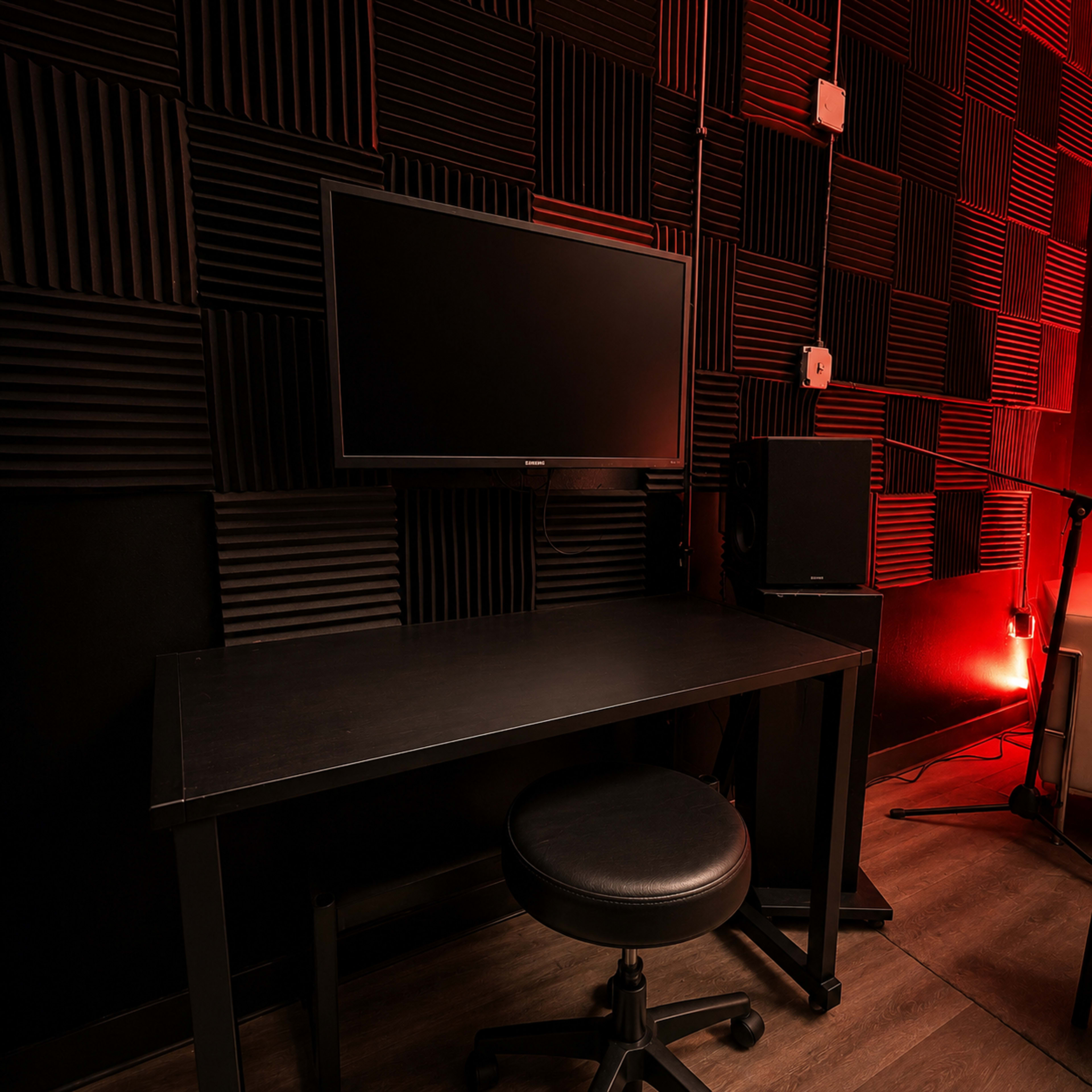 The image shows a minimalist workspace featuring a dark desk, a monitor mounted on the wall, a round black chair, and soundproof wall panels in a textured pattern.