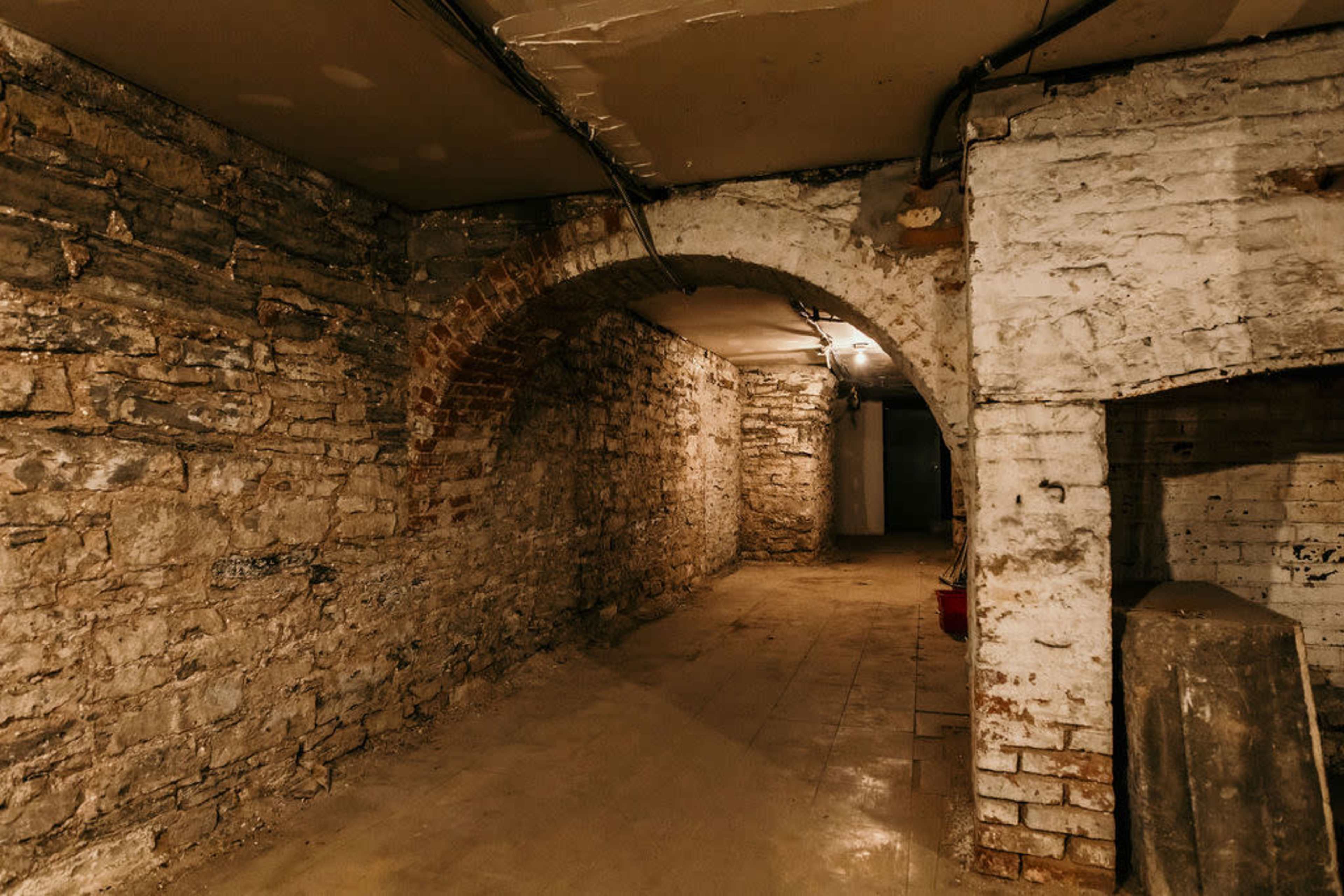 A dimly lit basement corridor featuring rough stone walls and an archway.
