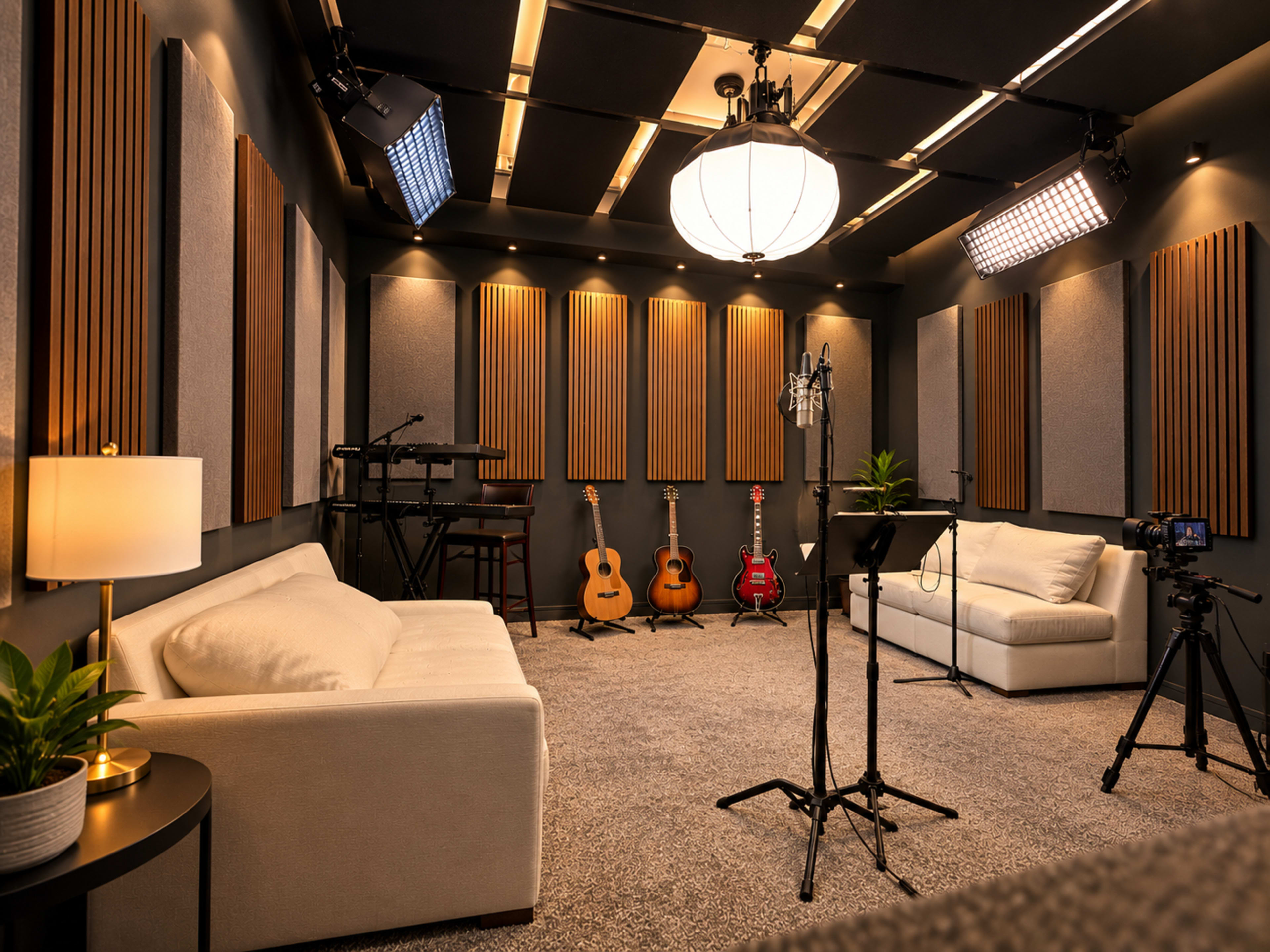 The image depicts a modern recording studio with soundproofed walls, a sofa, and several guitars displayed against the backdrop of a microphone and recording equipment.