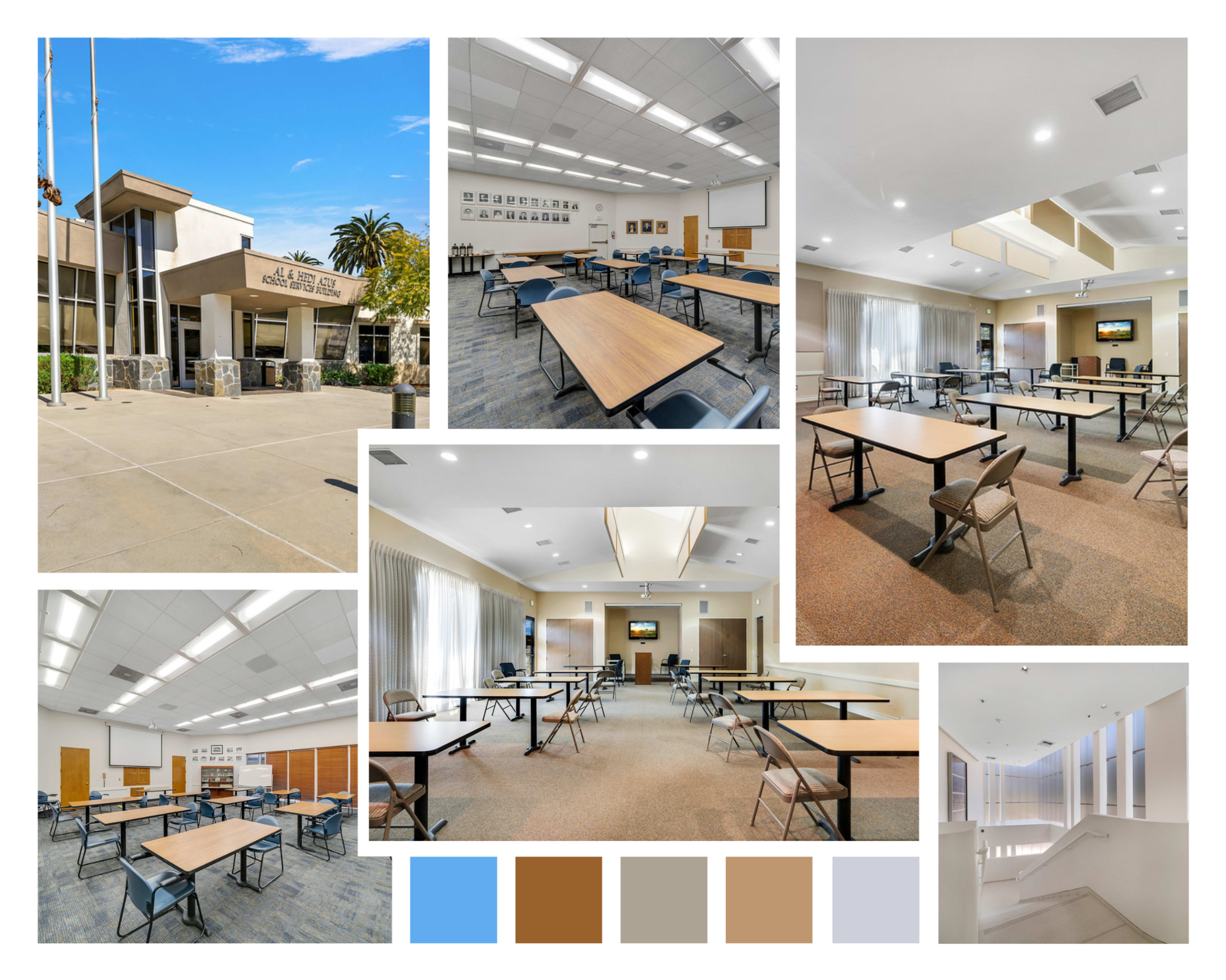 A multi-angle view of a modern classroom building with multiple spacious classrooms and a clear outdoor area.