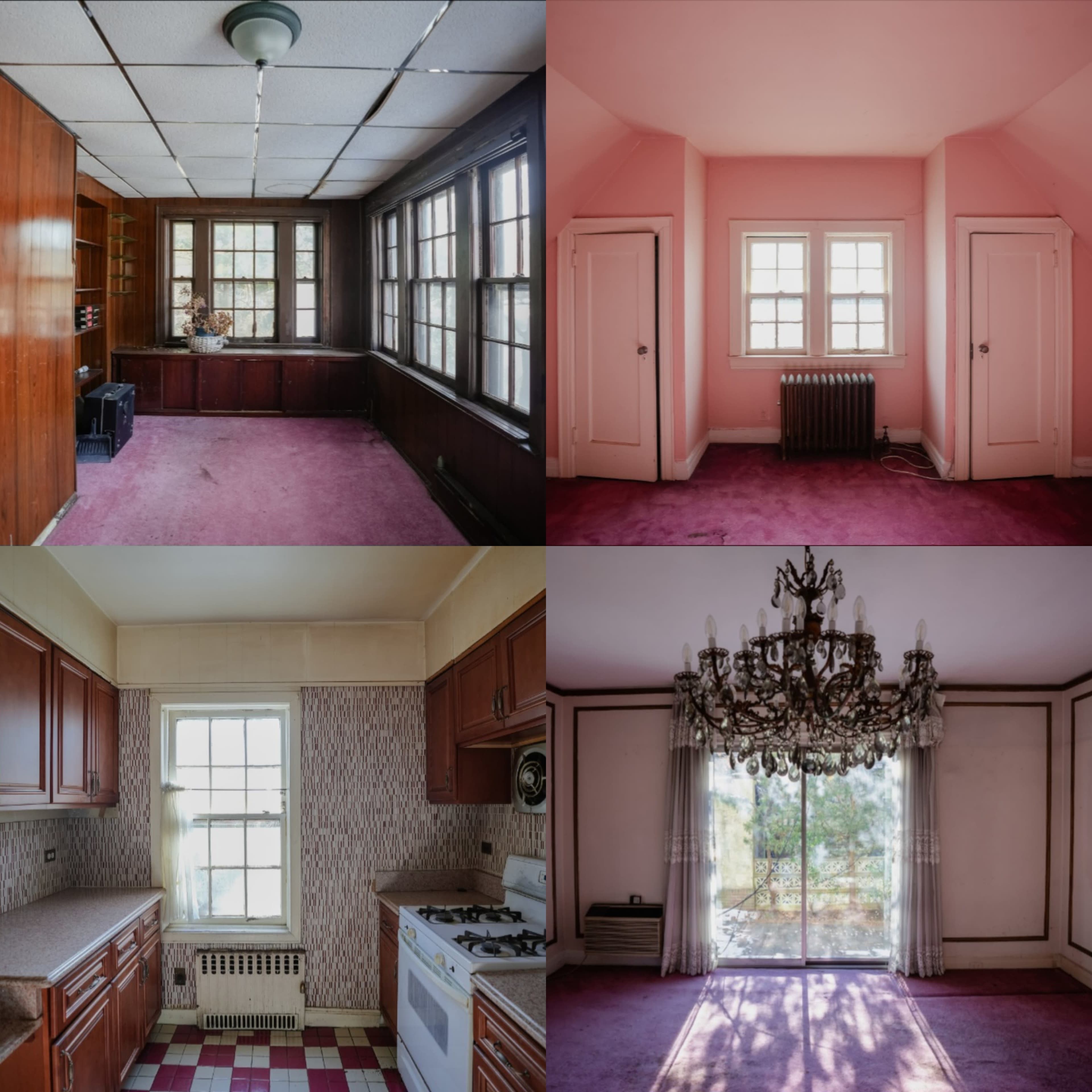 The image displays four rooms of a house, featuring a wooden-paneled office, a pink-walled attic, a kitchen with wooden cabinets, and a living room with a chandelier and large window.