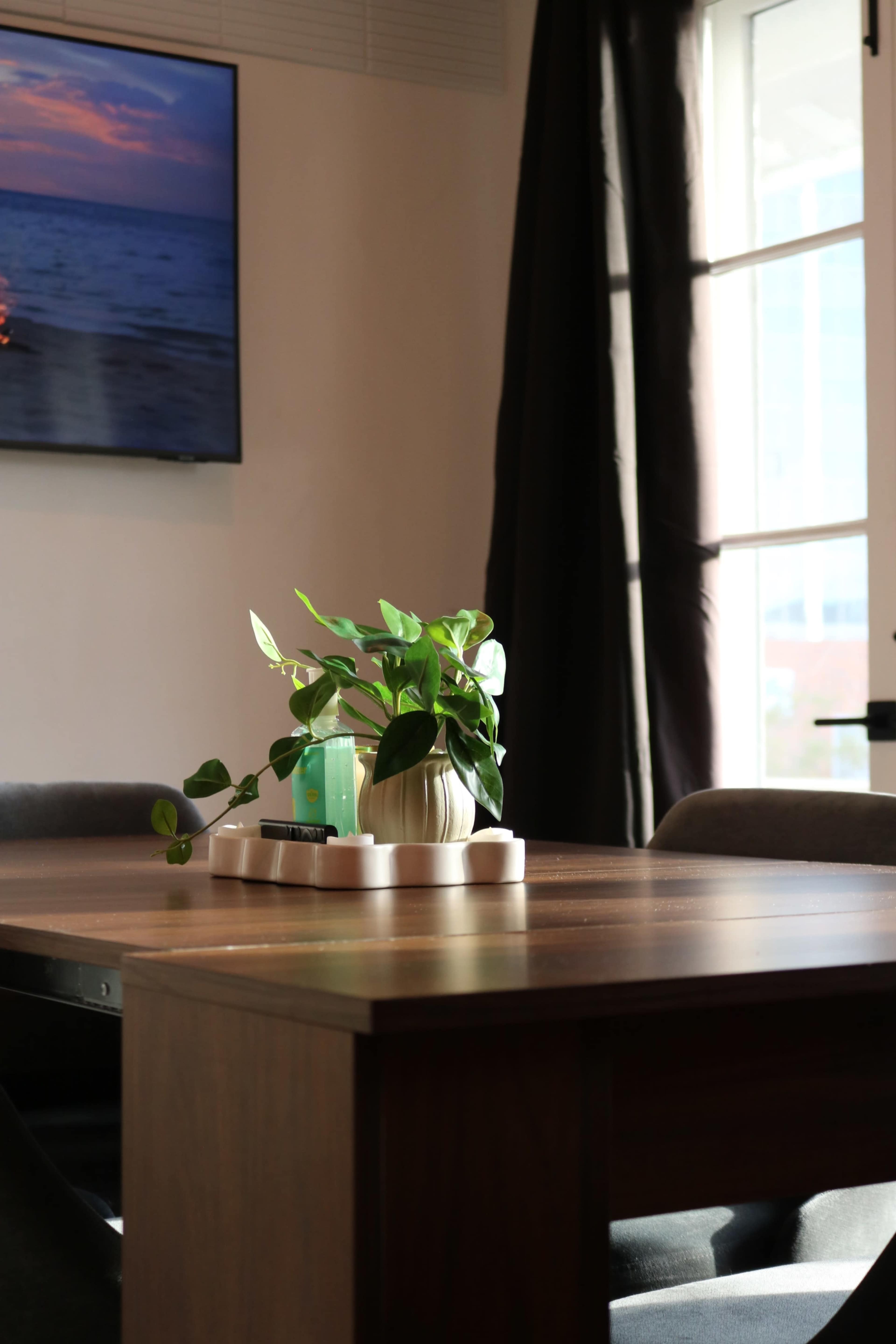 A wooden table with a plant and decorative items sits beside a window, while a television mounted on the wall displays an image of the ocean.