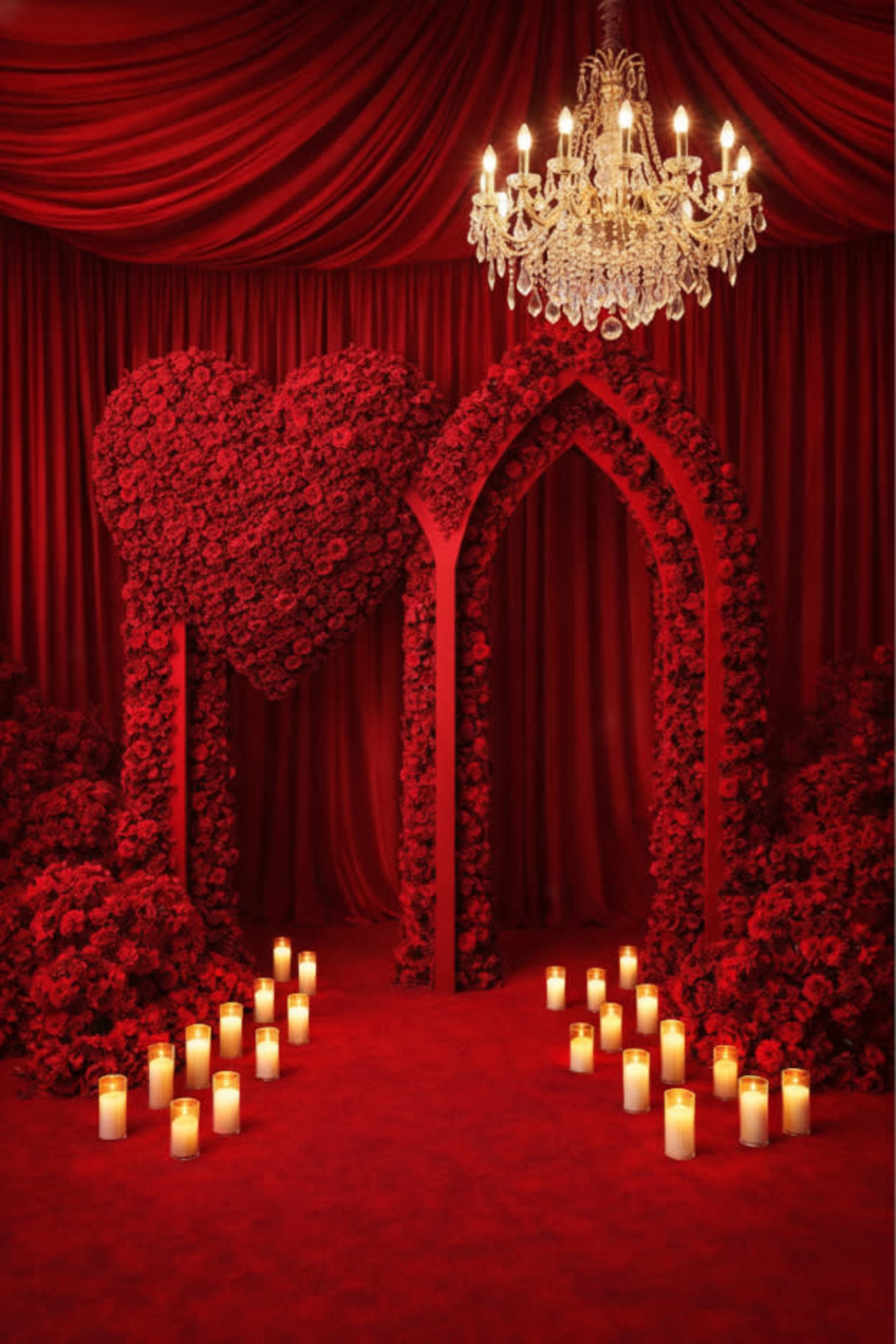 The scene features a grand red floral heart structure framed by an arch, with a lavish chandelier overhead and candles illuminating the pathway.