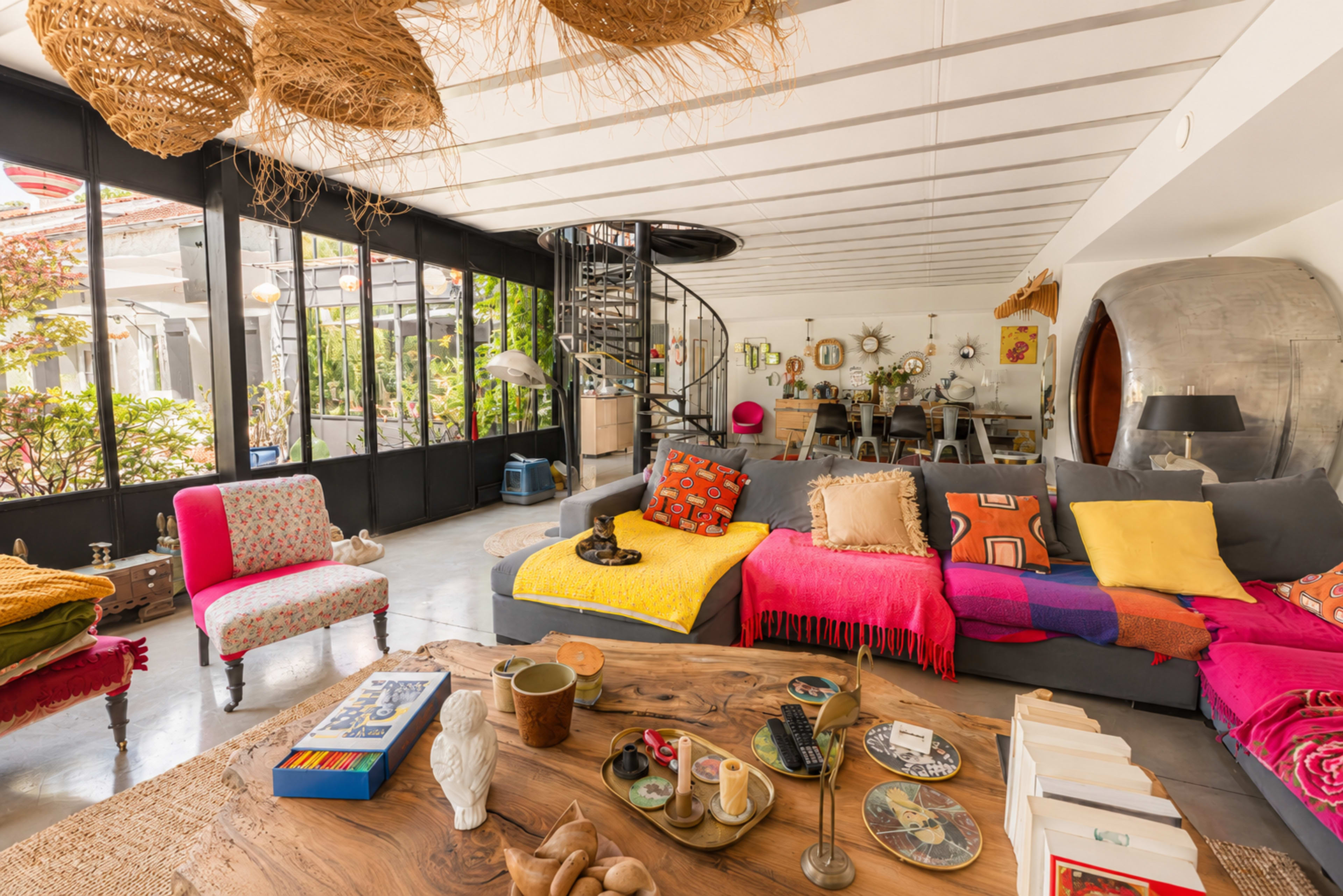 The image shows a bright, open living space featuring a large sectional sofa with colorful cushions, a wooden coffee table adorned with decorative items, and a spiral staircase in the background.