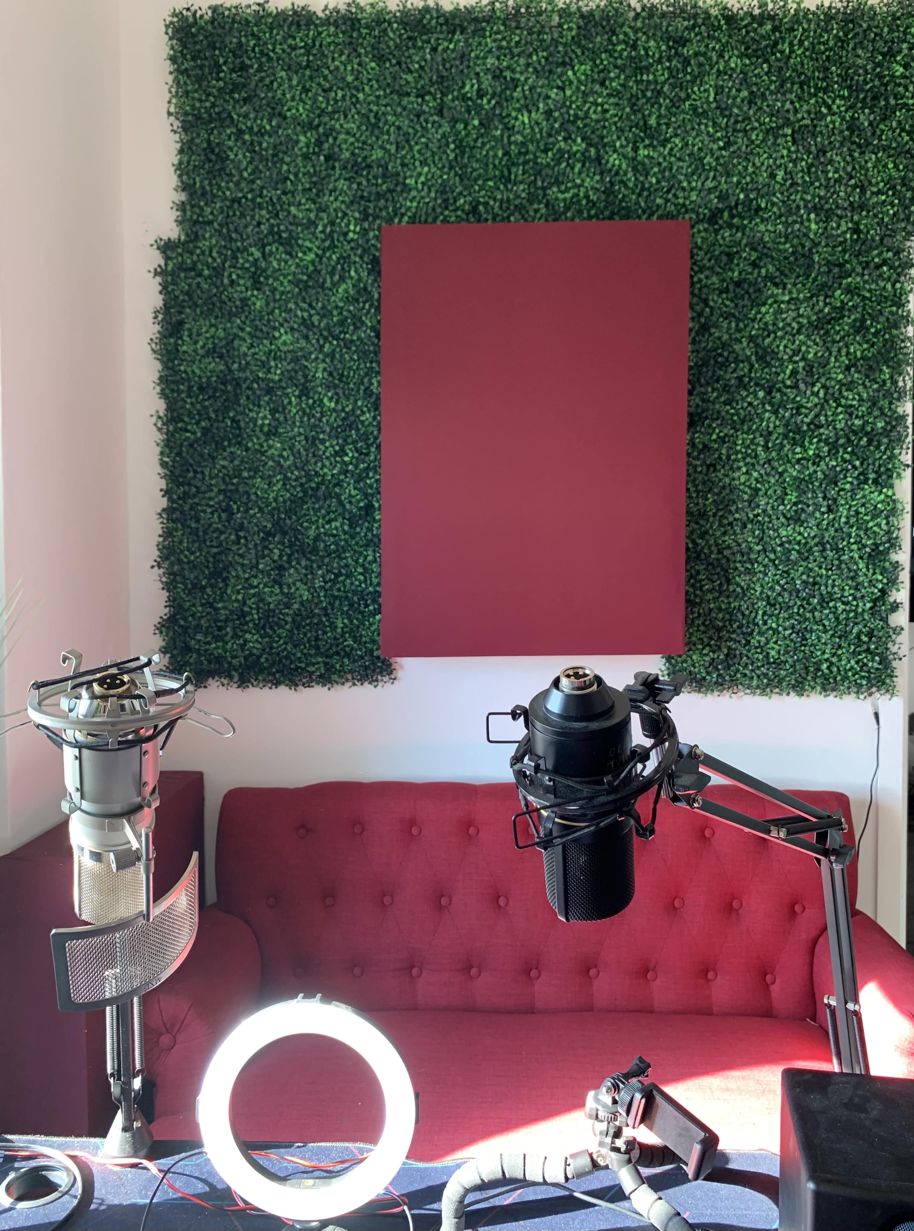 A red couch against a green foliage wall, with microphone setups and a ring light positioned nearby.