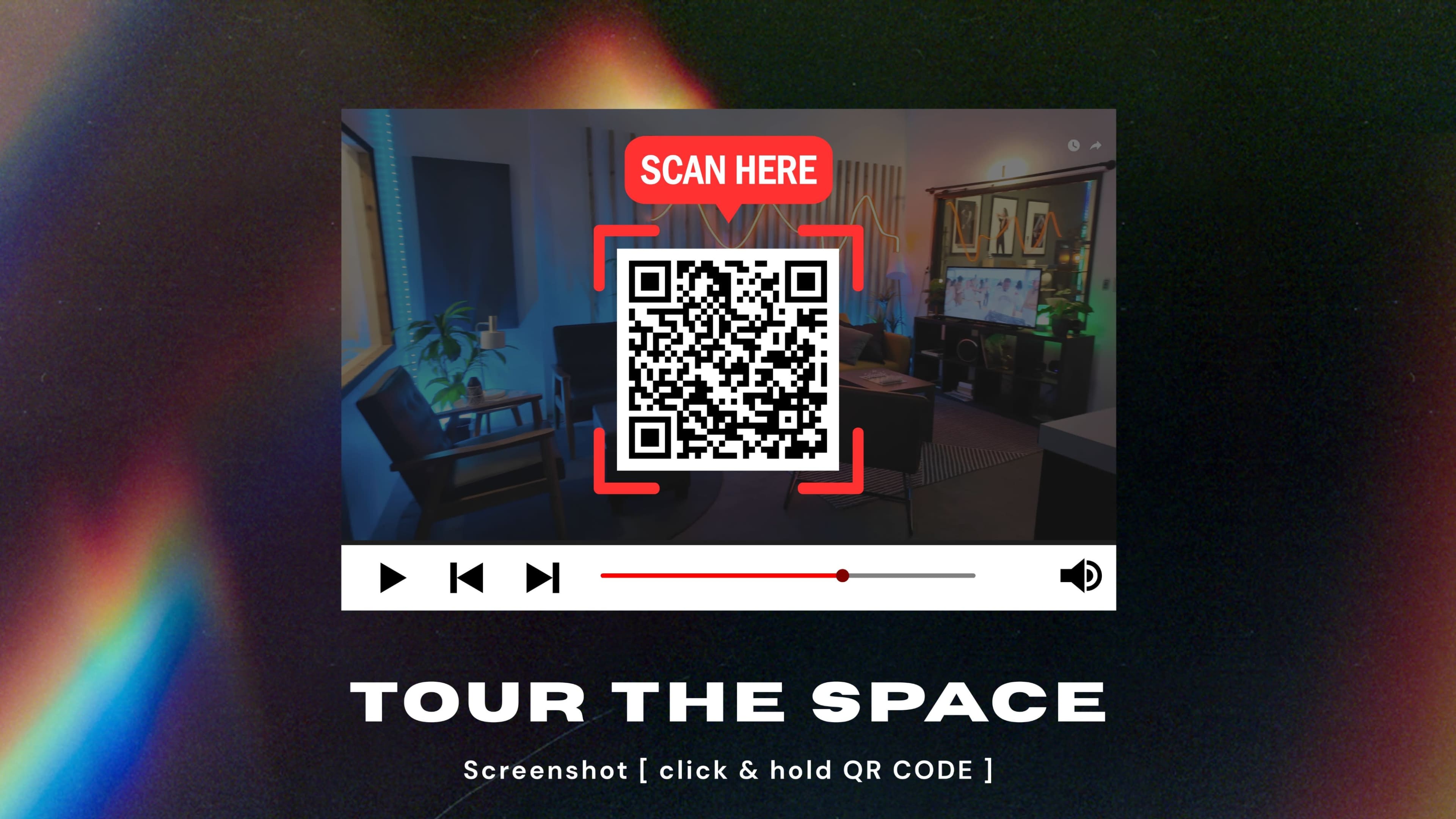 The image features a promotional graphic encouraging viewers to scan a QR code to access a virtual tour, displayed over a background with various colors and a video player interface.