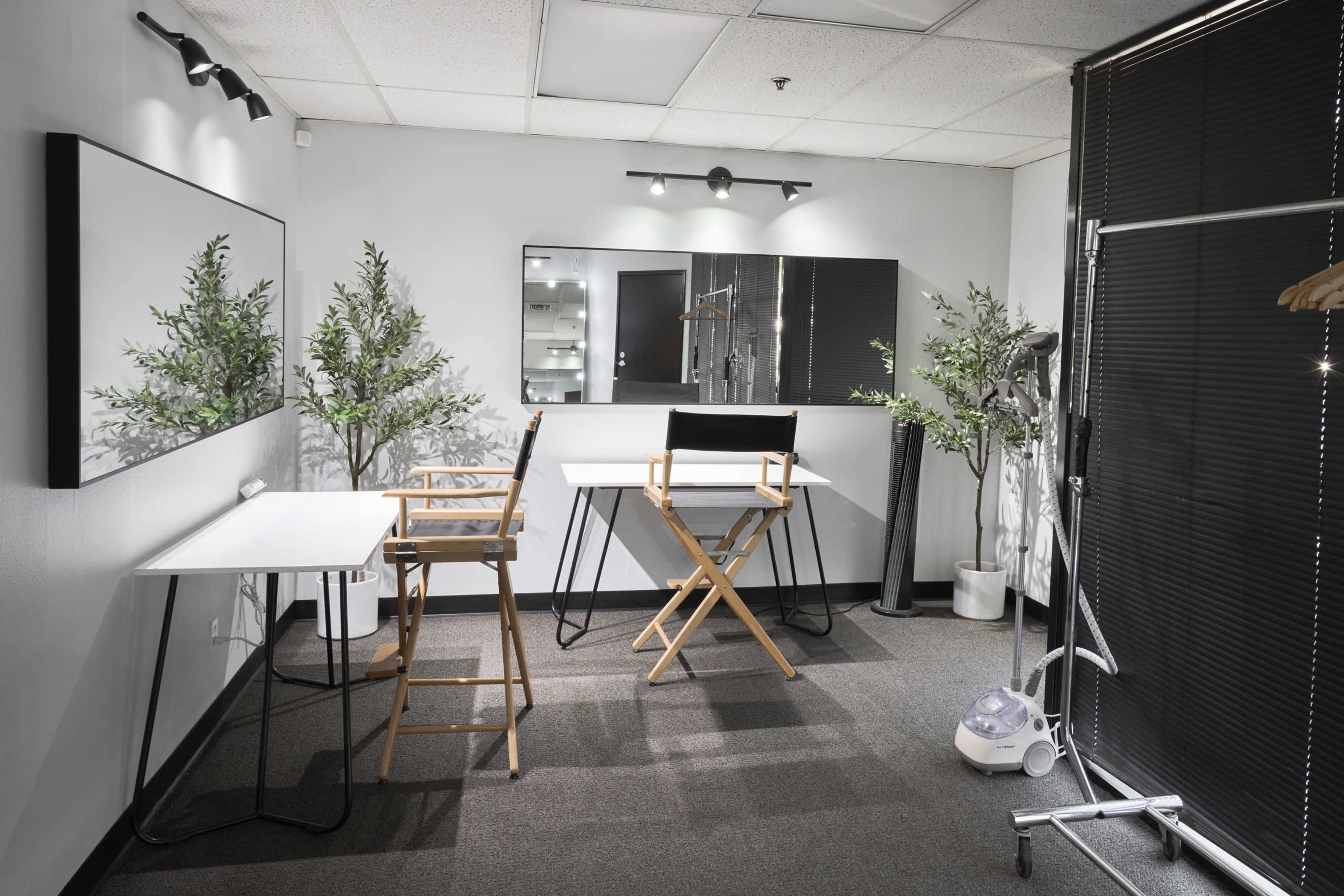 A minimalist studio space with two folding chairs, two tables, and decorative plants under artificial lighting.