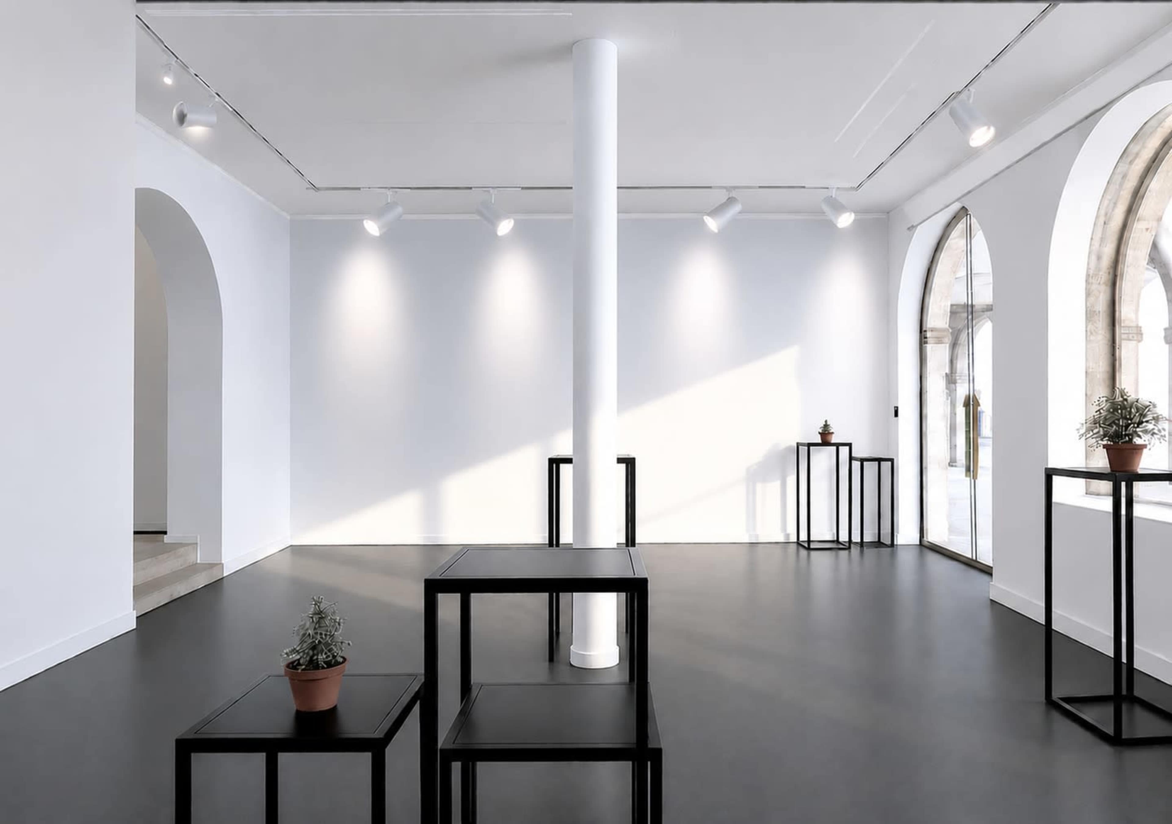 The image depicts a minimalist gallery space with black display tables, potted plants, and large arched windows allowing natural light to enter.